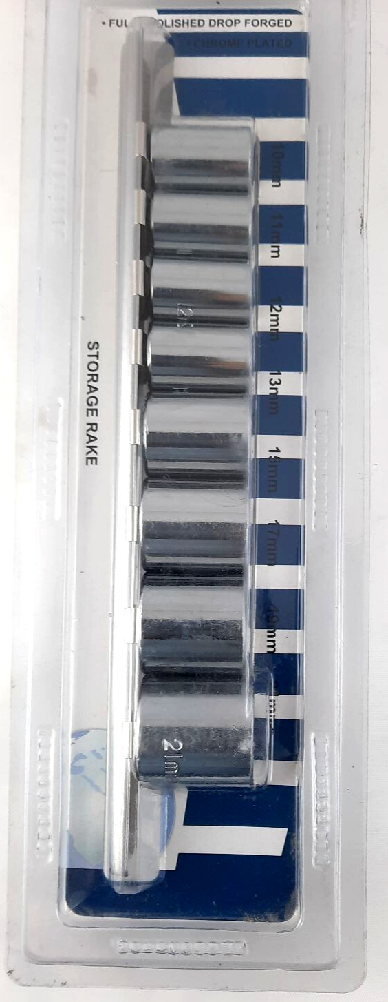 9 Piece Metric 3/8″ DR. Shallow Chrome Socket Set with Metal Storage Rail Holder