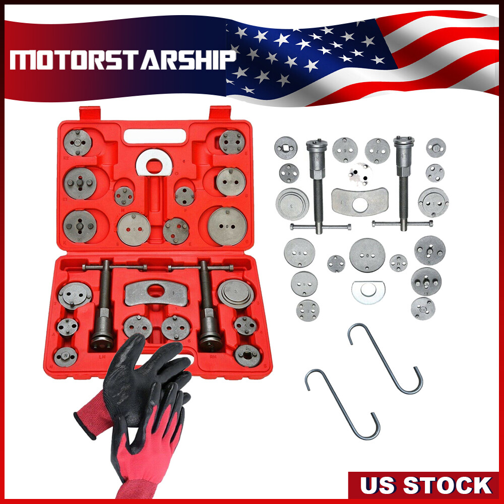 27pcs Universal Disc Brake Caliper Piston Wind Rewind Tool Hooks Gloves Case New