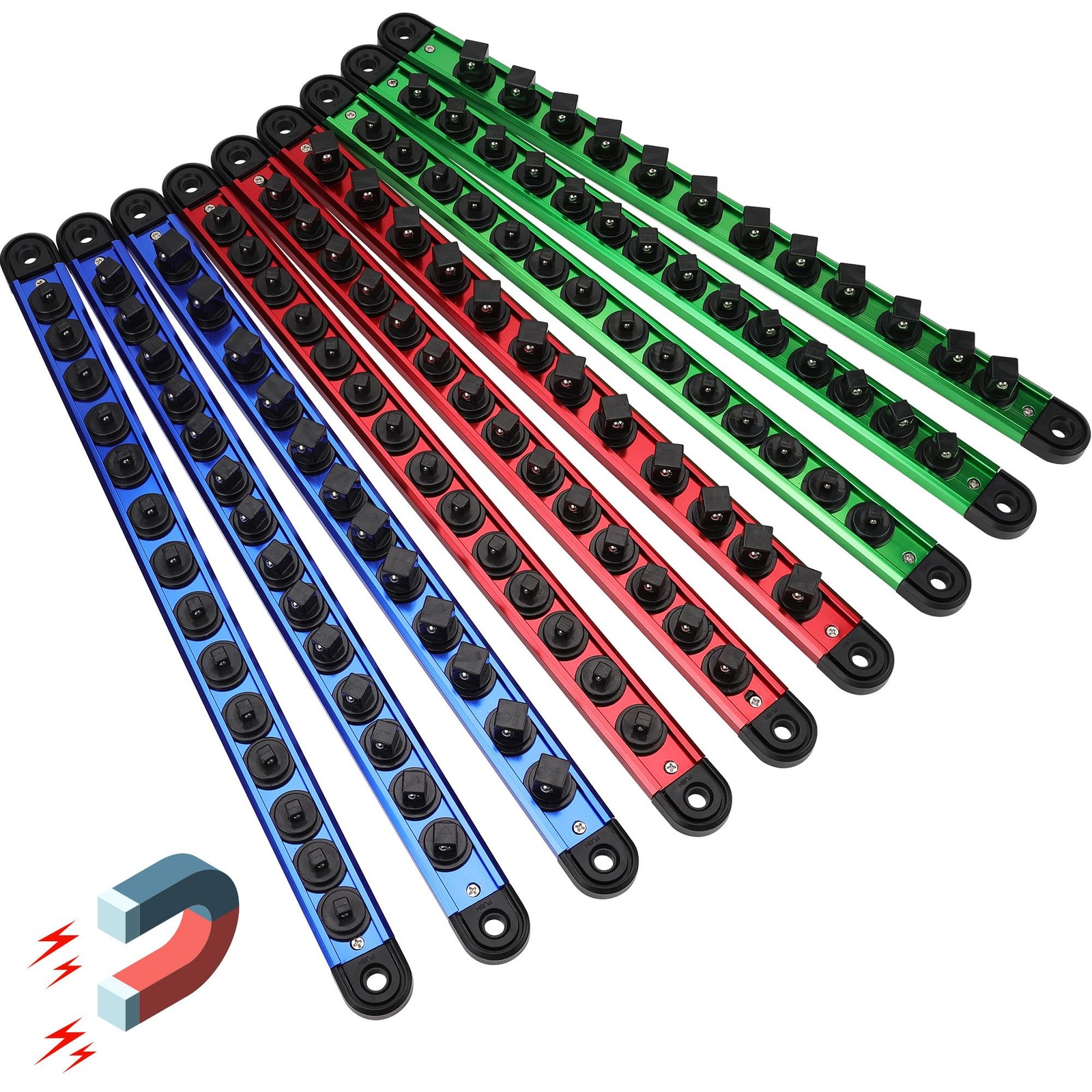 Magnetic Socket Holder Organizer Set: 9-Piece 1/2,1/4,3/8, Blue Red Green