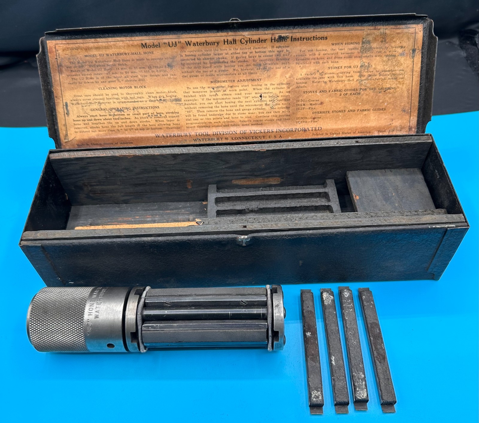 Vintage Waterbury Hall Model UJ Engine Cylinder Hone Complete Kit w Stones