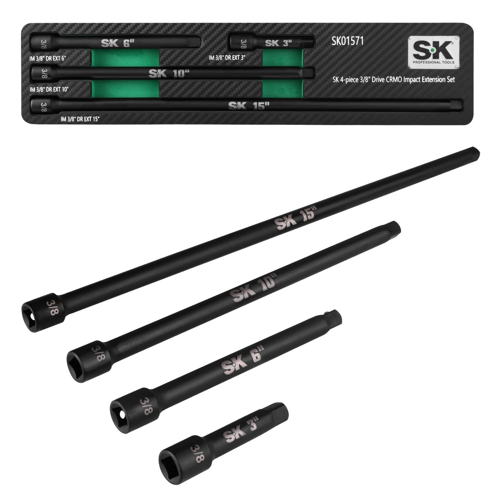 4-Piece 3/8″ Drive Impact Socket Extension Set – 3″, 6″, 10″, 15″ Cr-Mo Steel