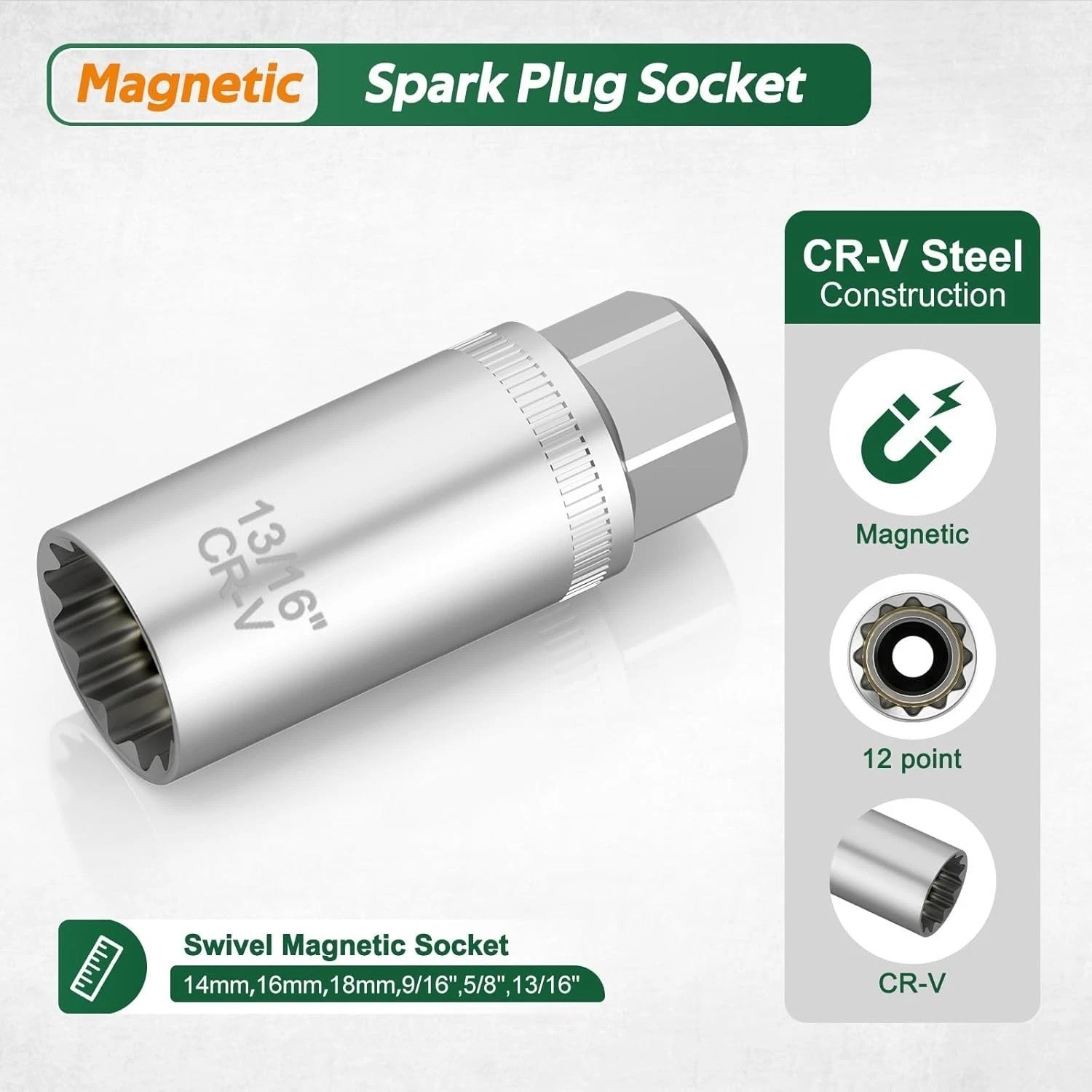 3/8 Inch Drive Spark Plug Socket Set, 12 Point, 11Pcs SAE & Metric Sizes 14mm..,