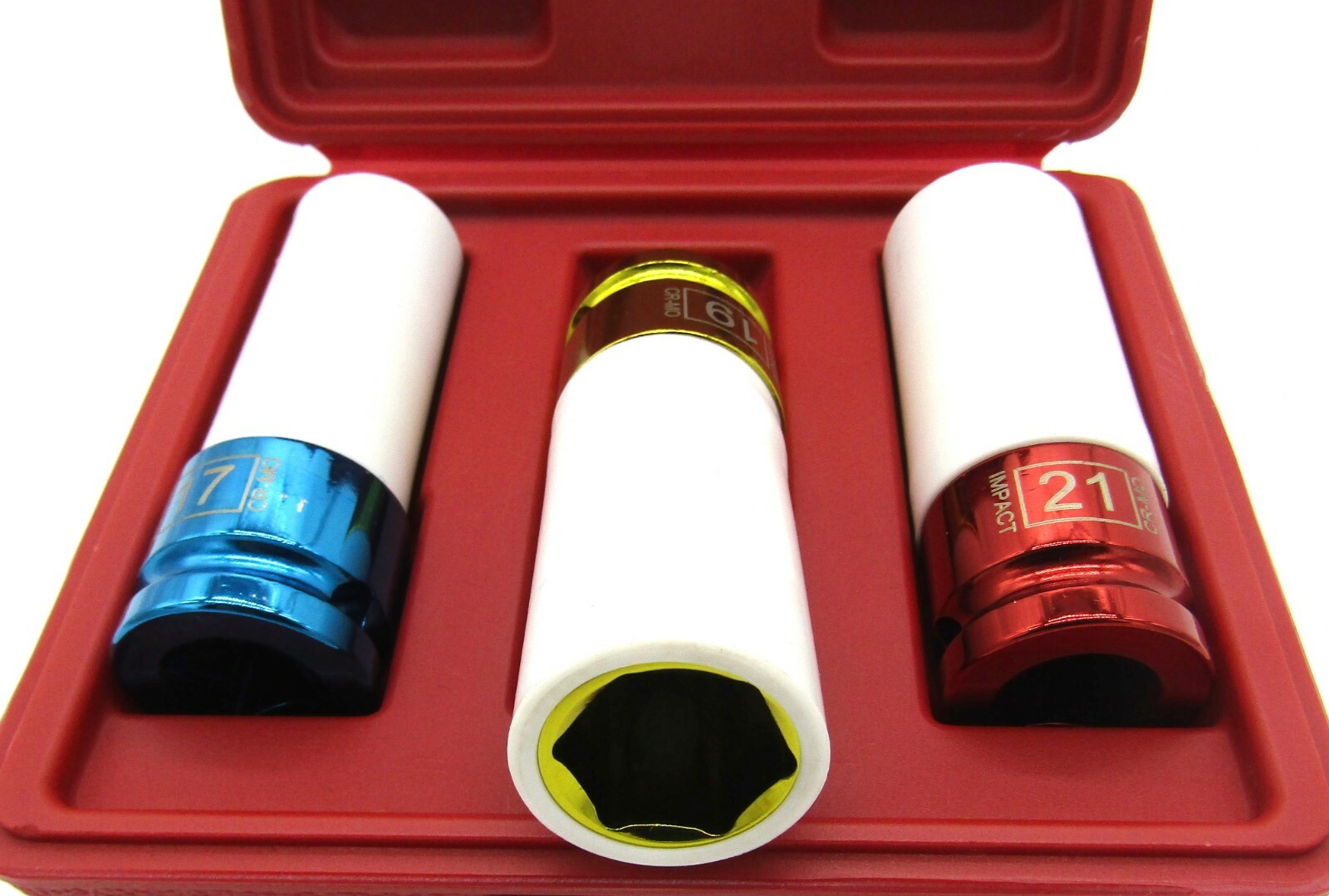3 Pcs 1/2″ Color Coded Thin Wall Wheel Lug Nut Deep Impact Socket Set 17 19 21mm