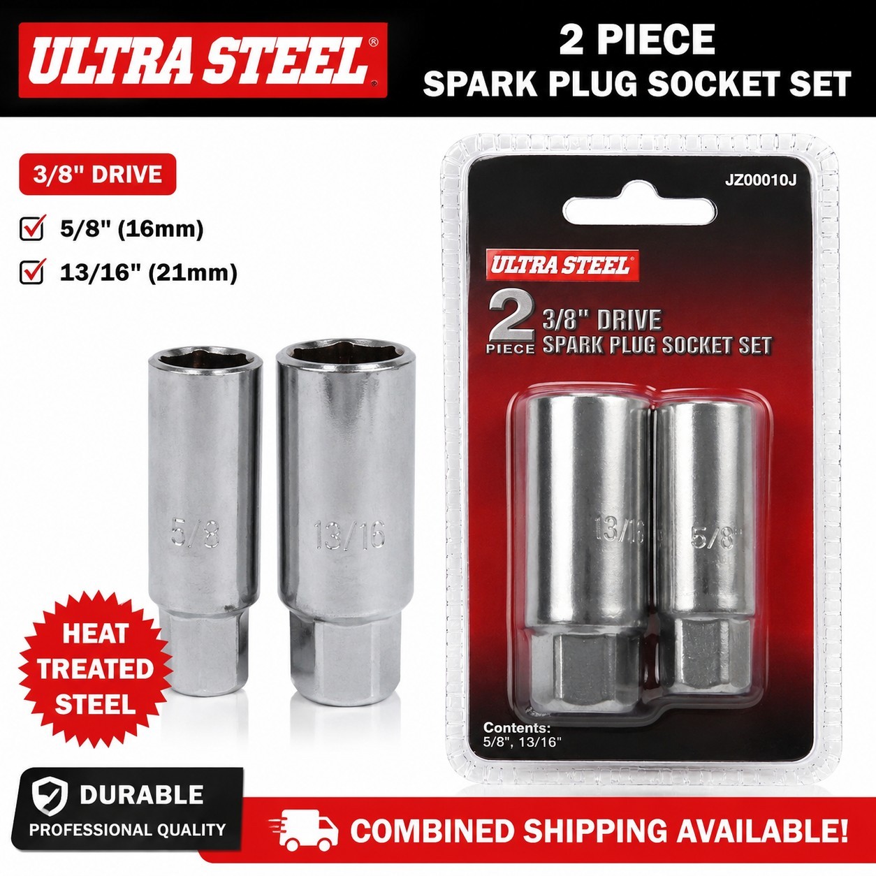 Ultra Steel 2 Pc 3/8″ Drive Spark Plug Socket Set 5/8″ & 13/16″ NEW Sealed
