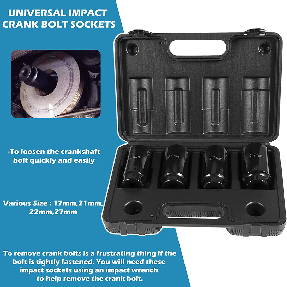 Crank Bolt Socket Set 17/21/22/27MM Harmonic Balancer Socket Set 1/2 Inch Drive