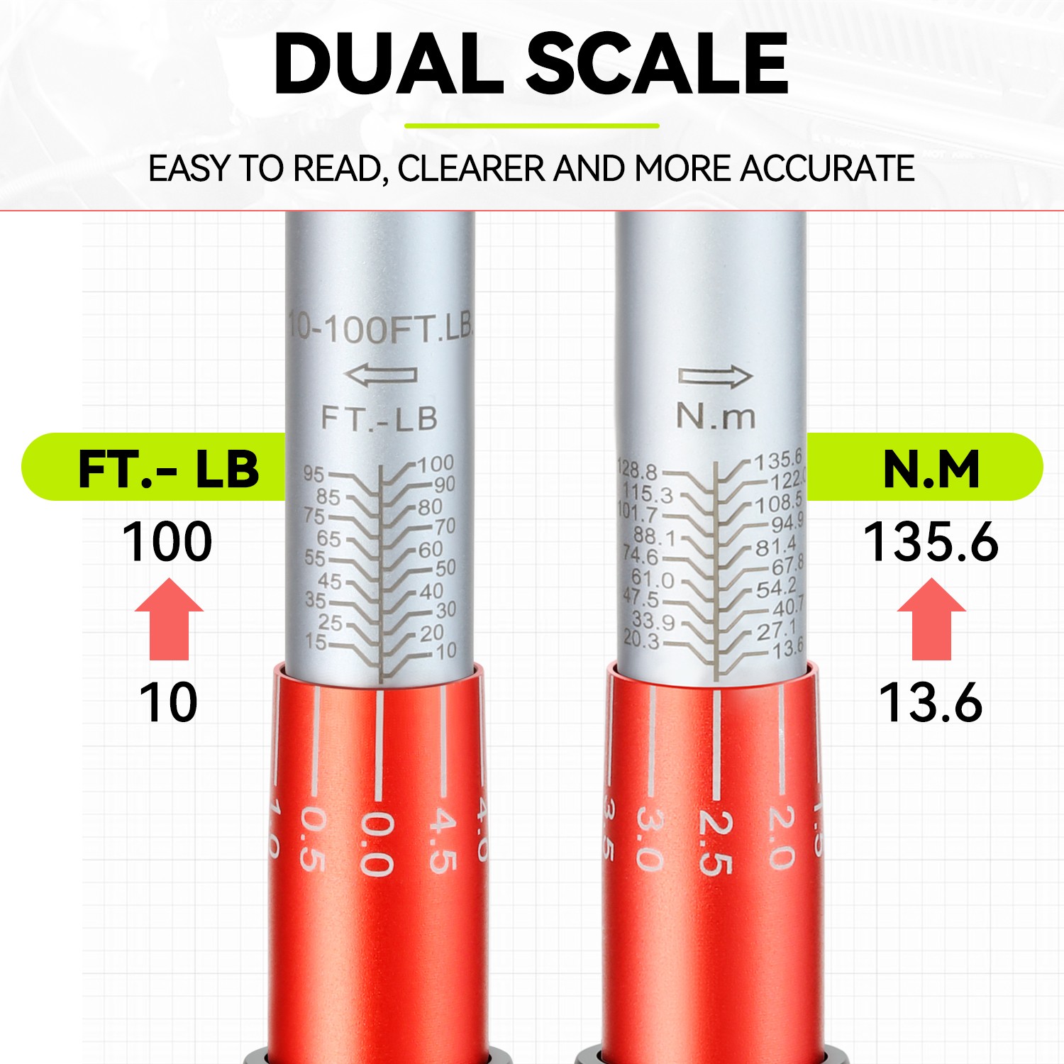 3/8″Drive Dual-Scale Adjustable Ratchet Wrench Set 10-100ft.lb/13.6-135.6 n.m