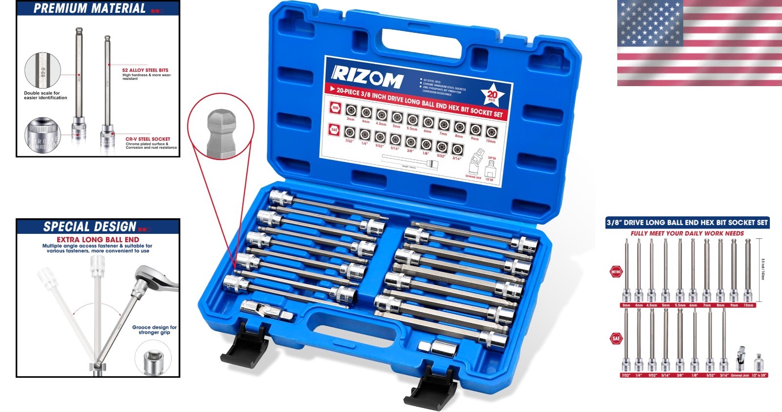 20-Piece Long Ball End Hex Bit Socket Set SAE & Metric 3/8 Inch Drive