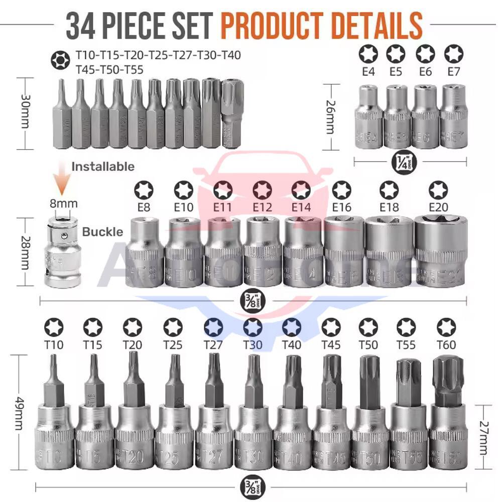 34Pcs Drive Male Female Torx Star Bit Socket E-socket Set Handheld Tool Case US