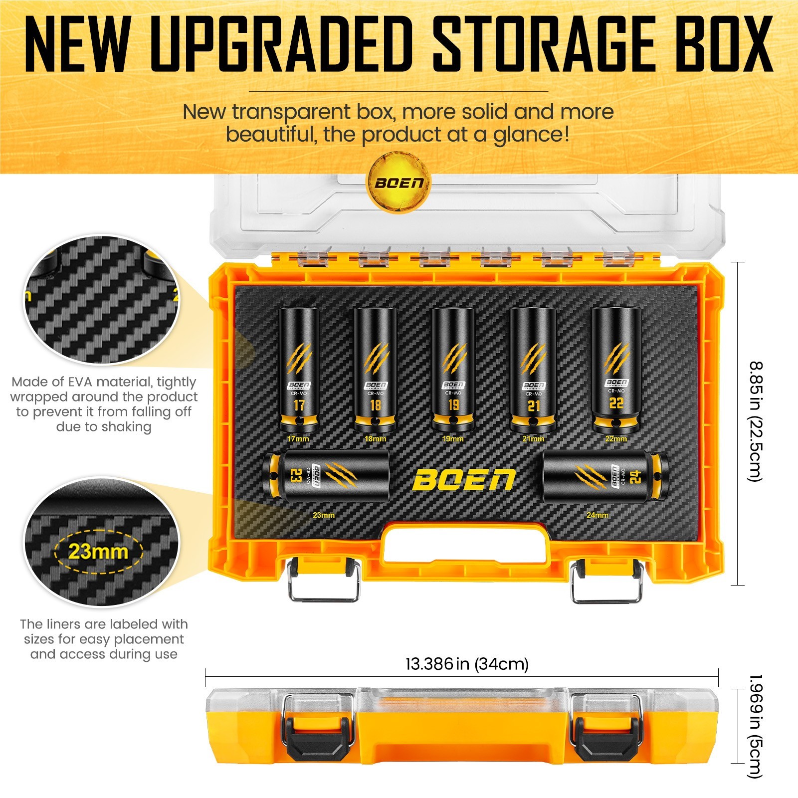7-Piece BOEN 1/2″ Drive Metric Impact Socket Set, (17, 18, 19, 21, 22, 23, 24 mm