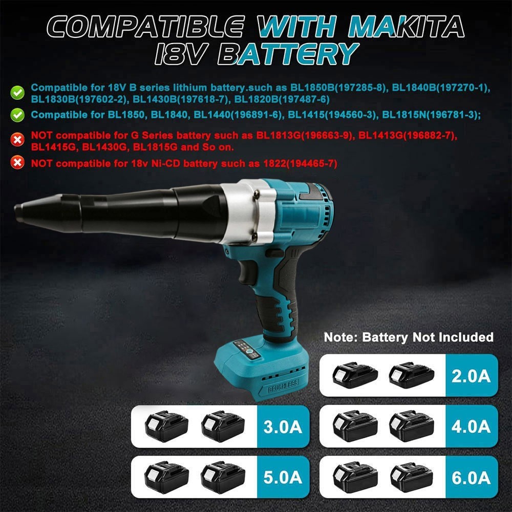 For Makita LXT 18V Battery Brushless Electric Rivet Gun Kit + 20 Rivets & LED