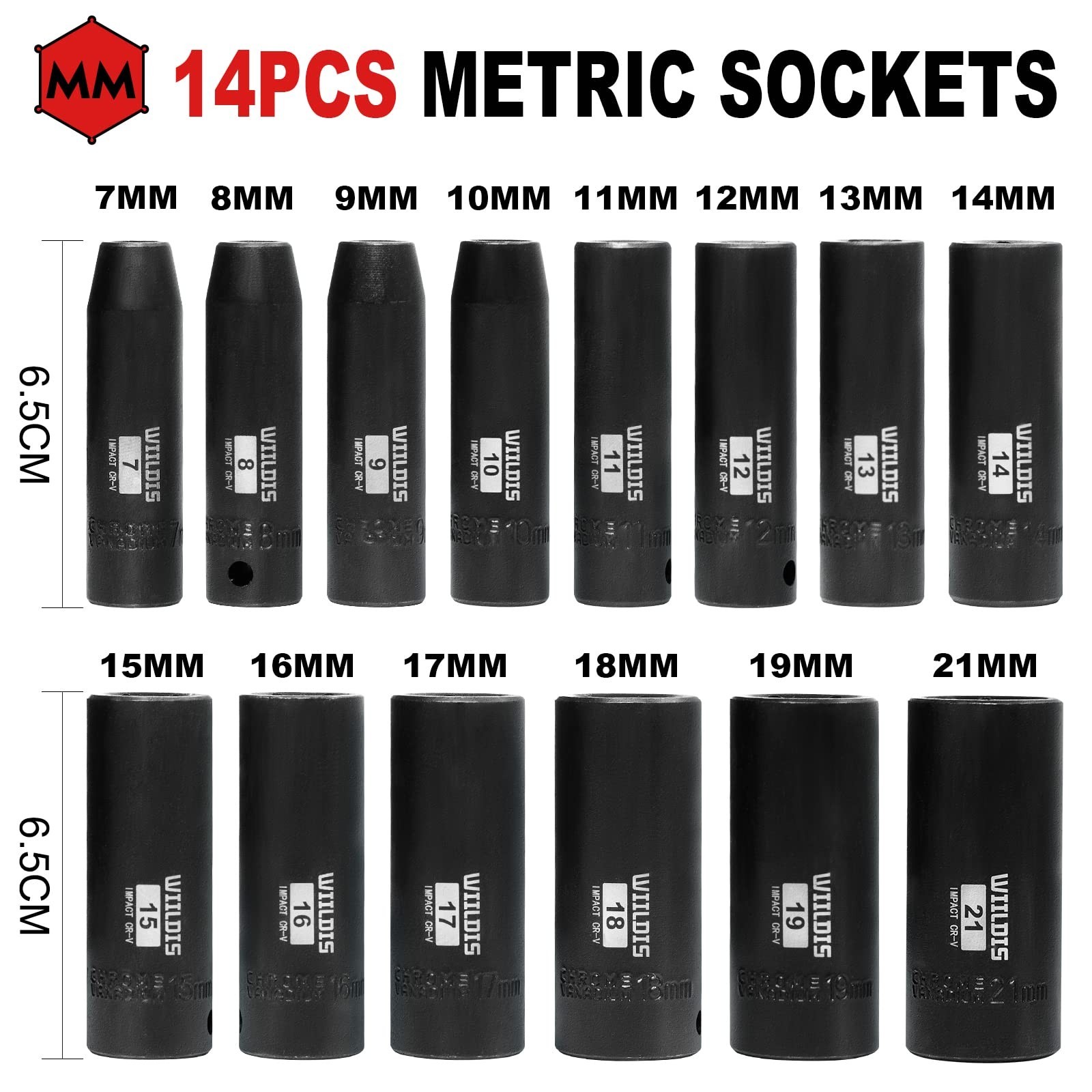 14-Piece 3/8″ Drive Deep Impact Socket Set, 7mm-21mm, Metric, CR-V, 6-Point