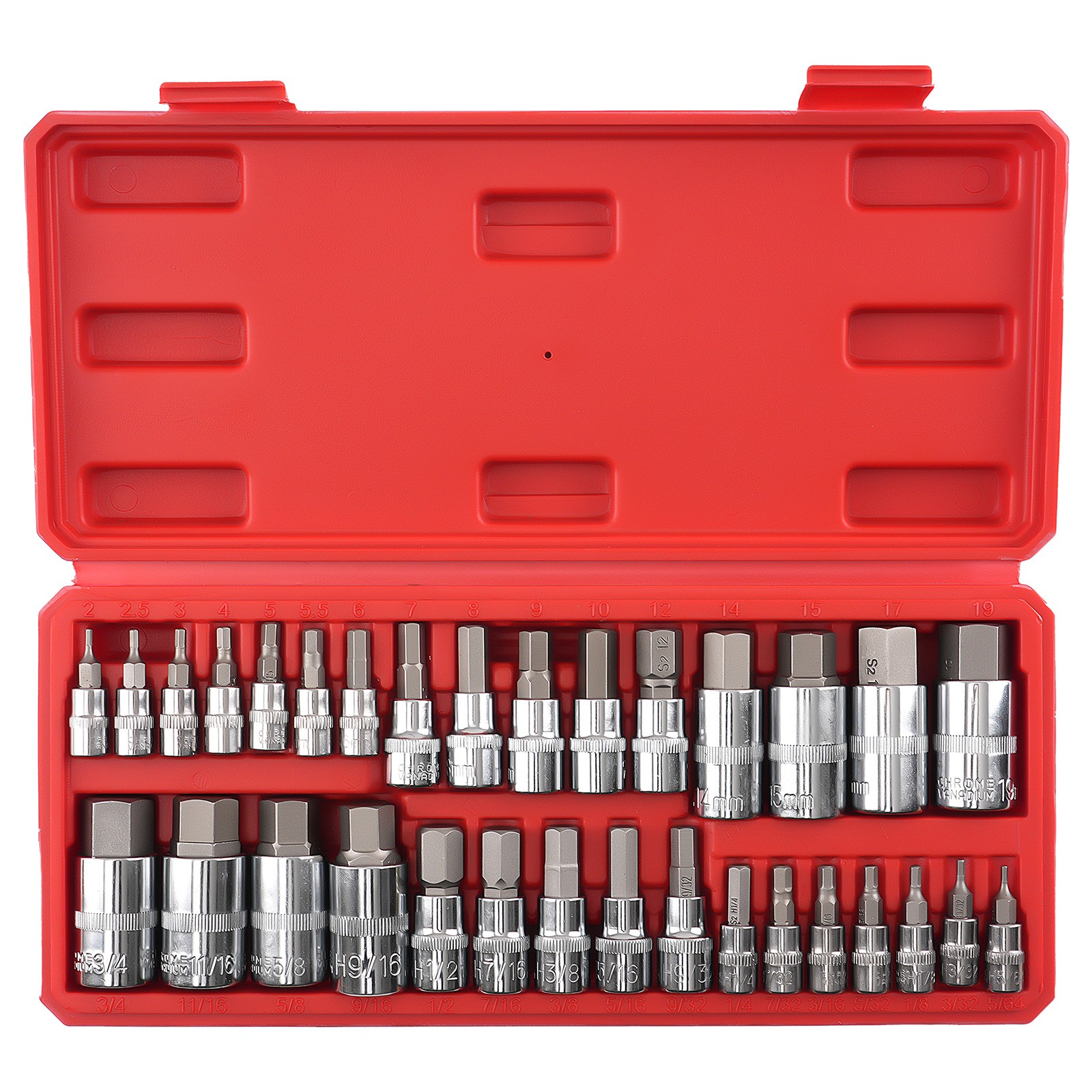 32 Piece S2 Steel Hex Bit Socket Set 1/4 3/8 1/2 in Drive Metric SAE
