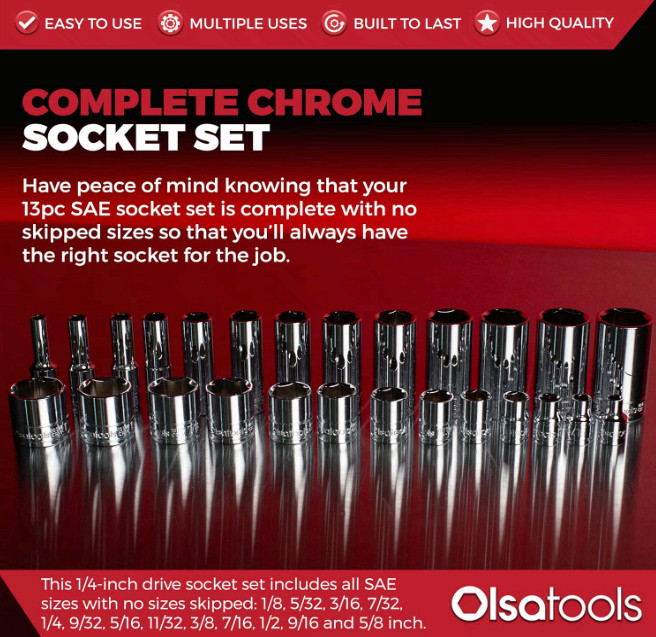 SAE Deep Socket Set 1/4″ Drive, 13pc 6-Point 1/8″–5/8″ Pro Grade (1329)