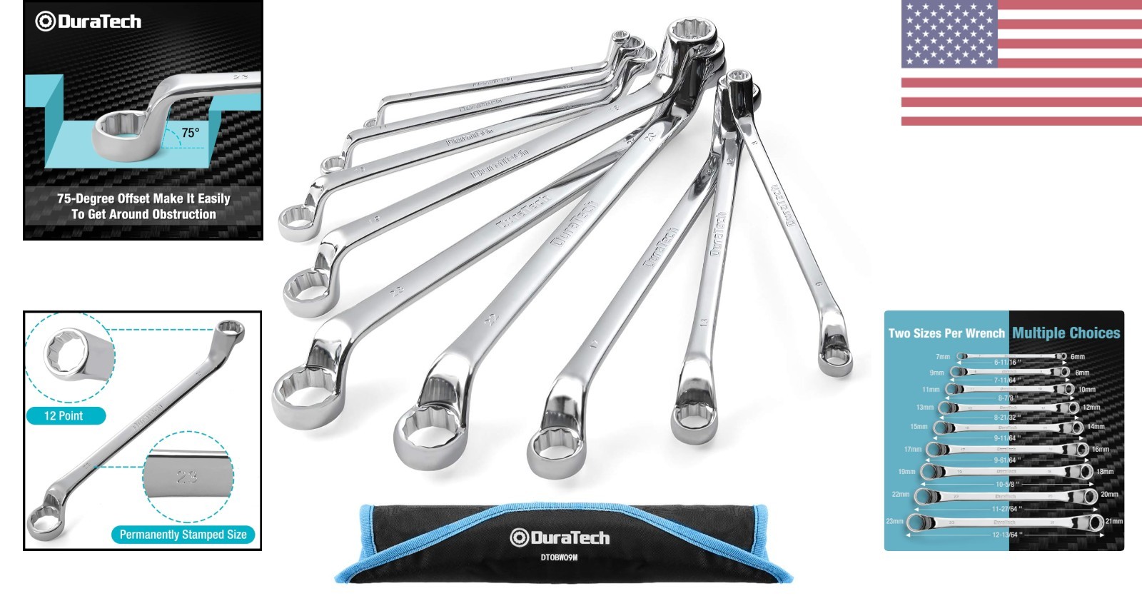 75-Degree Offset Metric Wrench Set – 9 Pieces, Chrome-Plated Finish, Organized