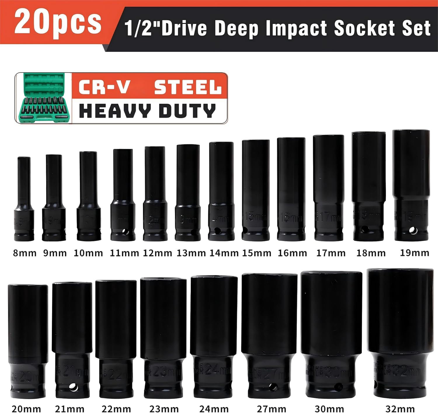 20PCS 1/2Inch Impact Sockets Set Drive Metric 8mm-32mm Deep 6-Point Set w/case