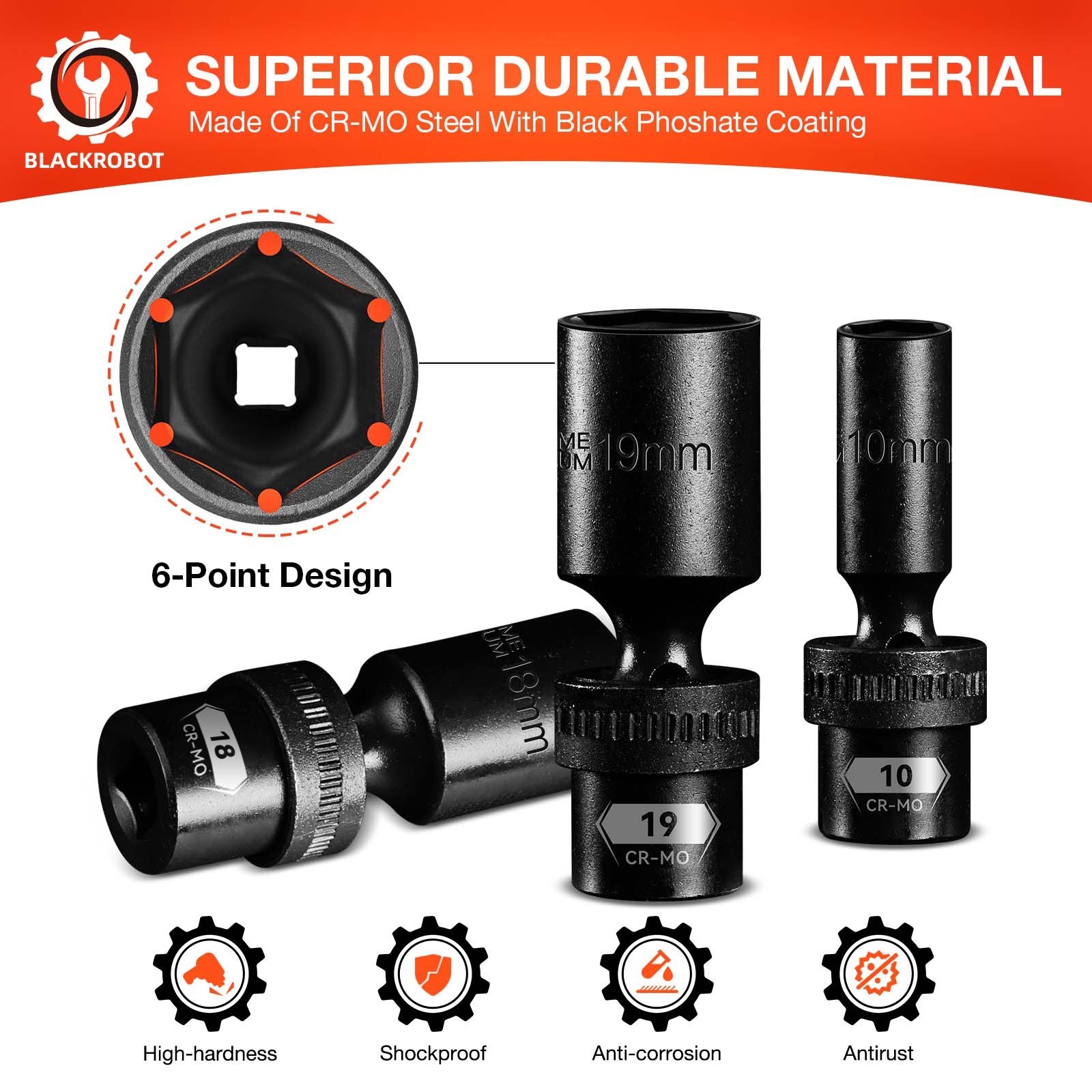 3/8″ Drive Swivel Socket Set, 14-Pcs Metric Size (10-19mm) , Deep Socket Set