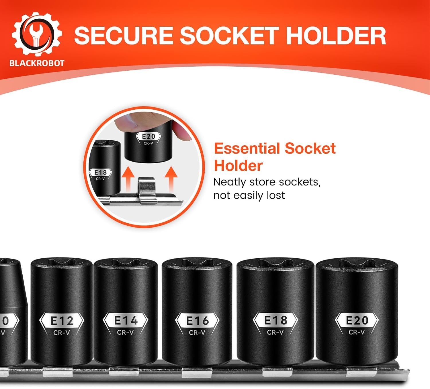 BLACKROBOT E Torx & Star Socket Set With Rail, 11-Piece Female E4-E20
