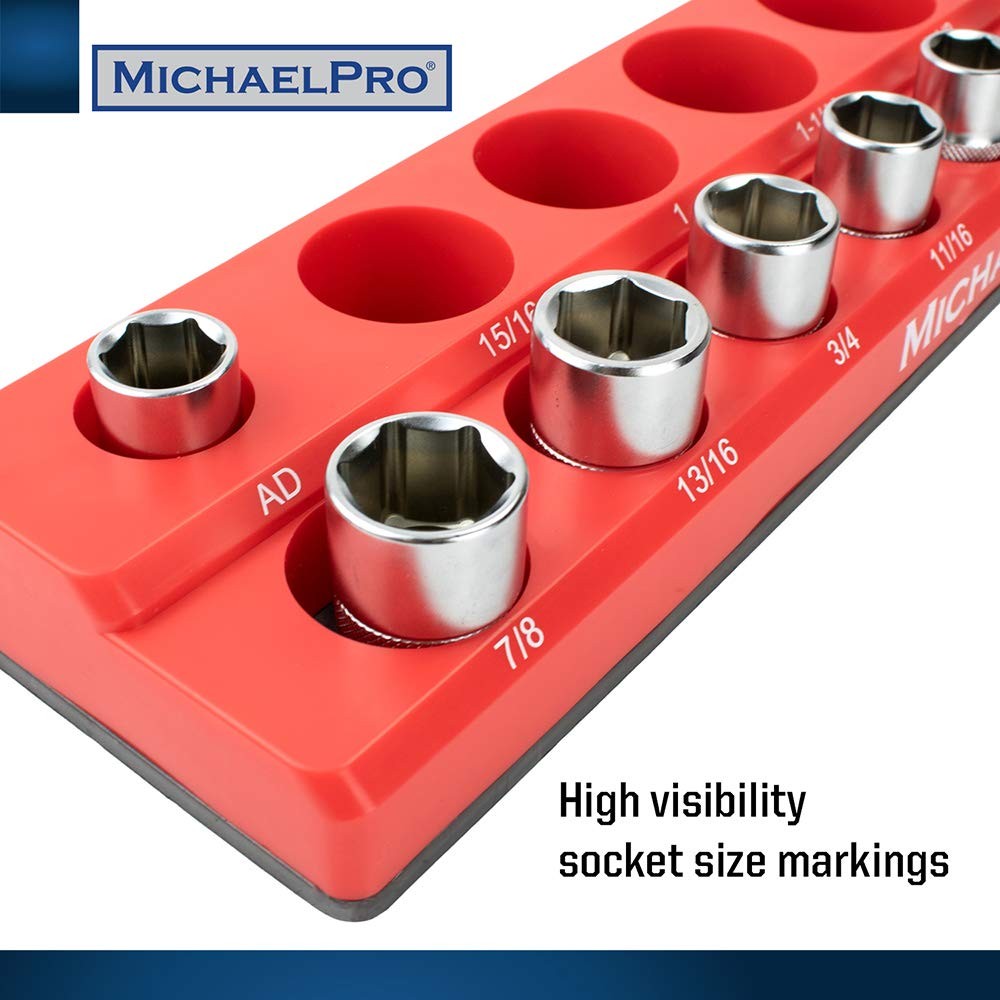 MichaelPro MP014003 3-Pc Magnetic Socket Organizer- 1/4-inch, SAE, Red