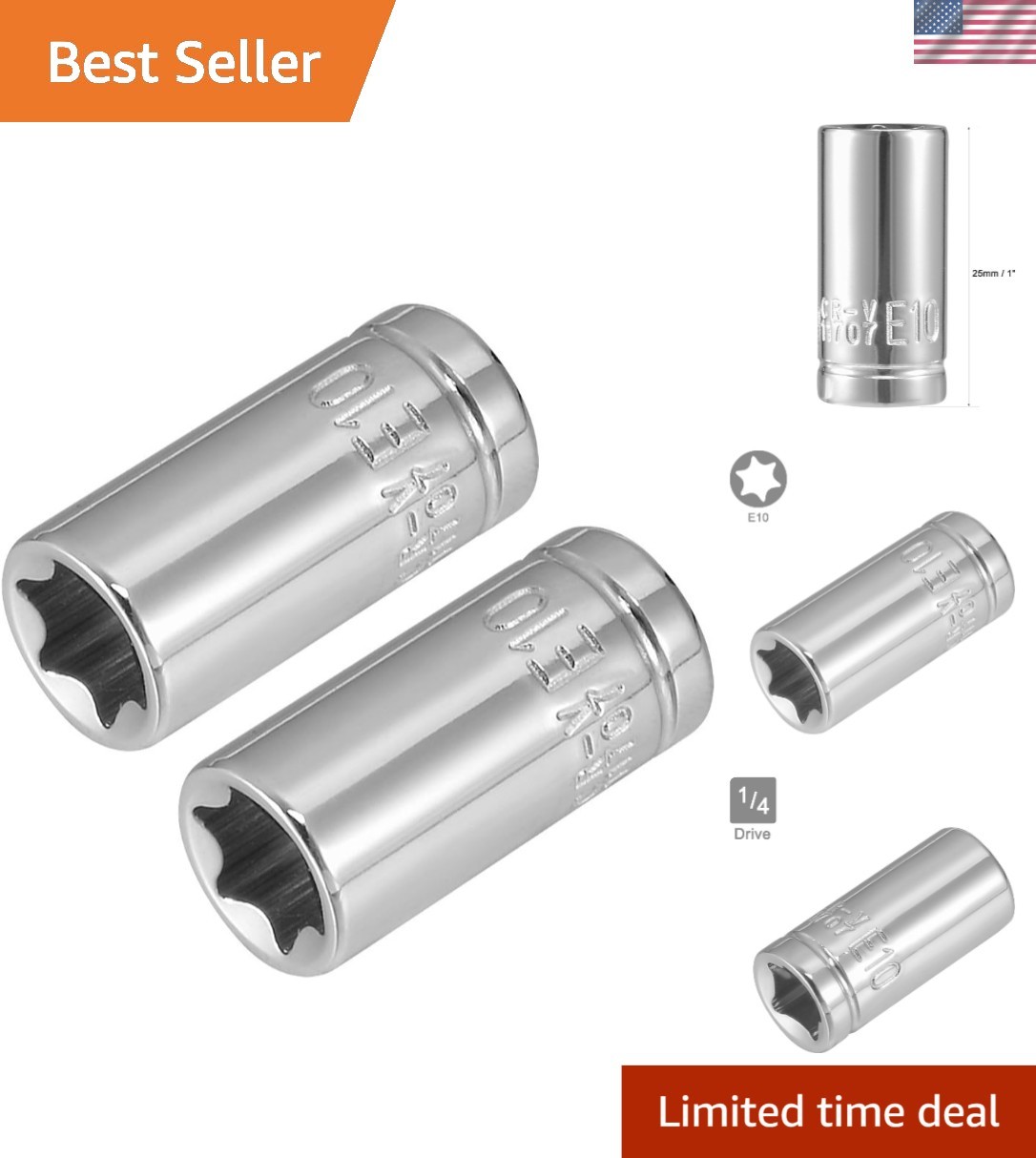 2Pcs E10 Torx Shallow Socket, 1/4 Inch Drive – Durable Cr-V Steel, Polished