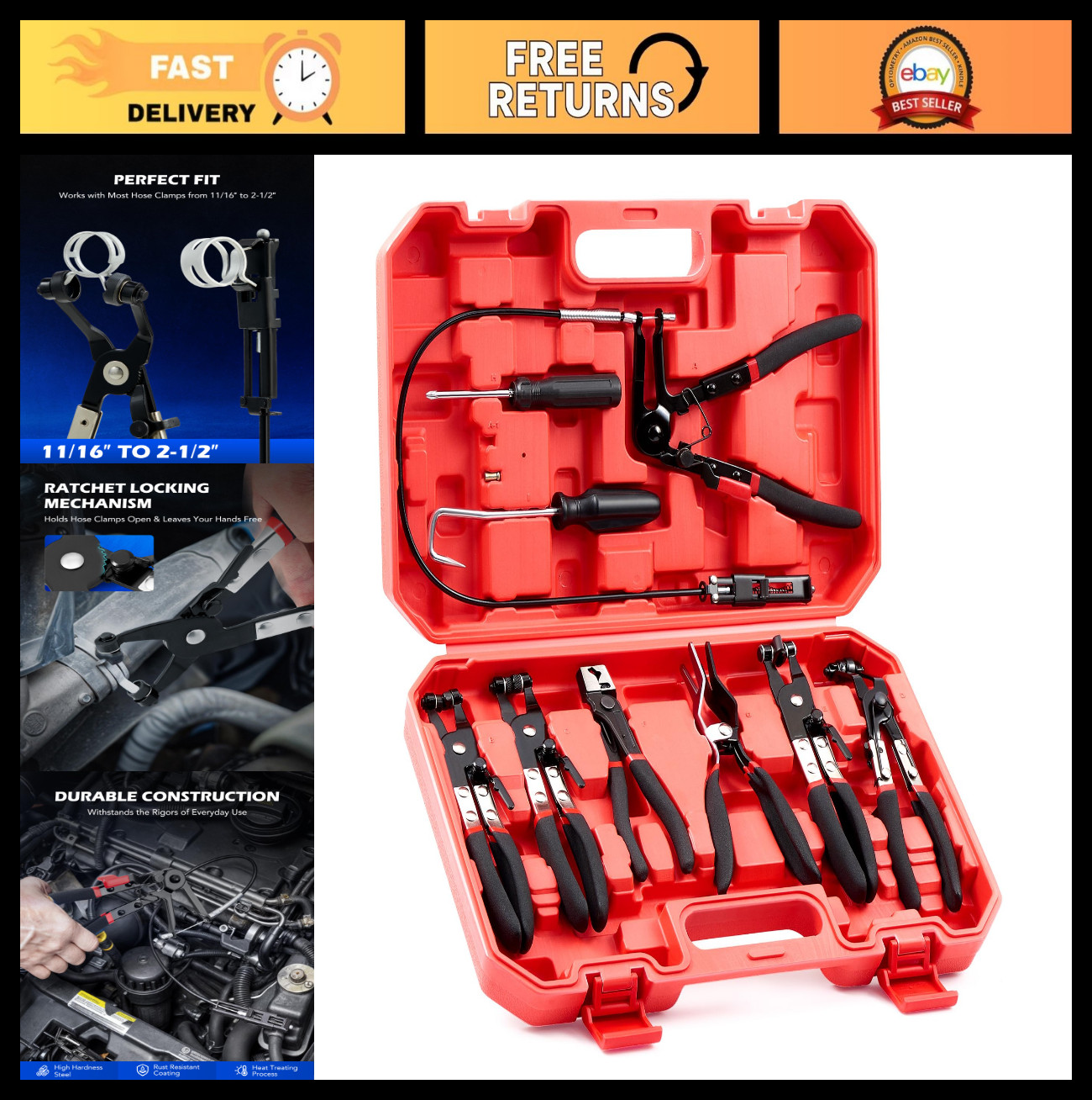 9pc Hose Clamp Pliers Set – Flexible Wire, Long Reach, Swivel Jaw, Flat Band for