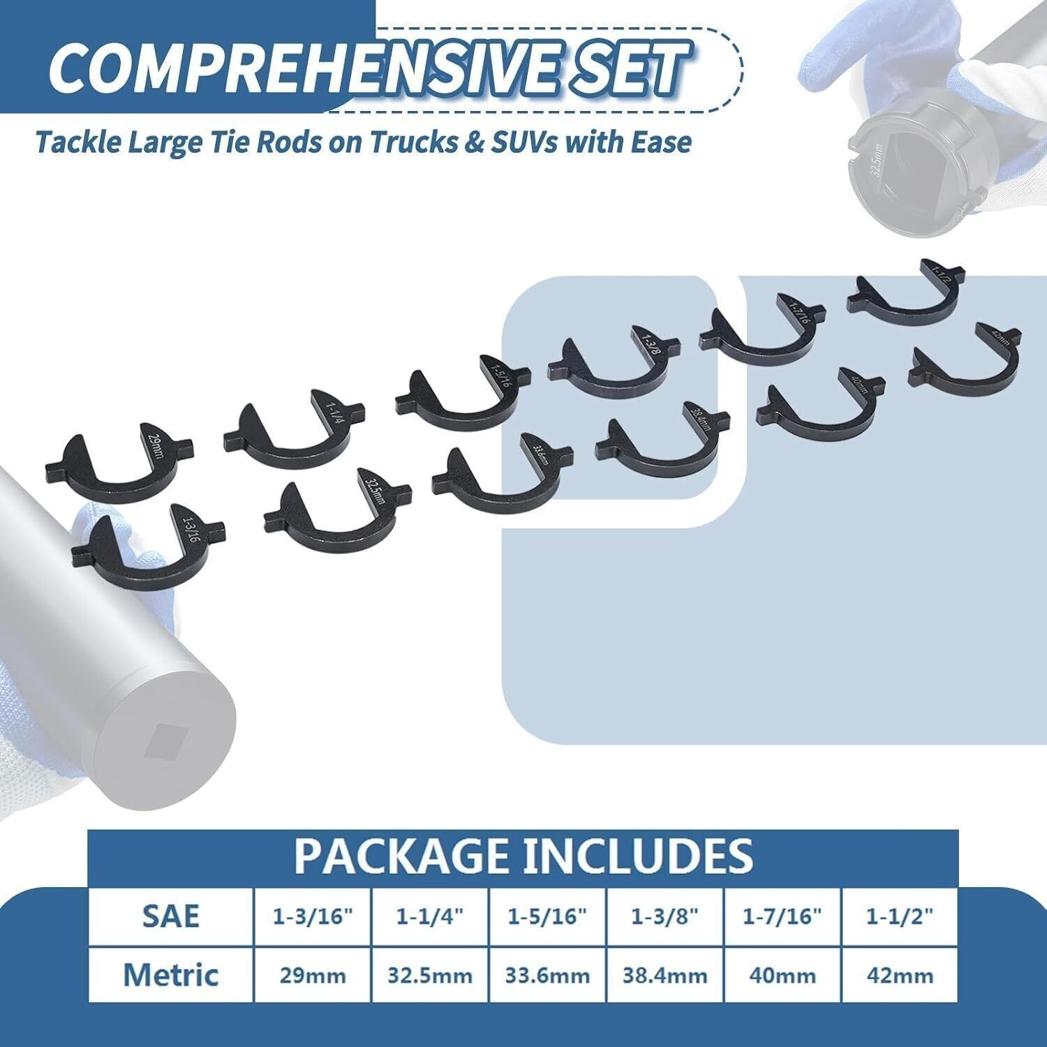 Heavy Duty Inner Tie Rod Wrench Kit 13pc, 12 Adapters SAE Metric, 1/2″ Drive
