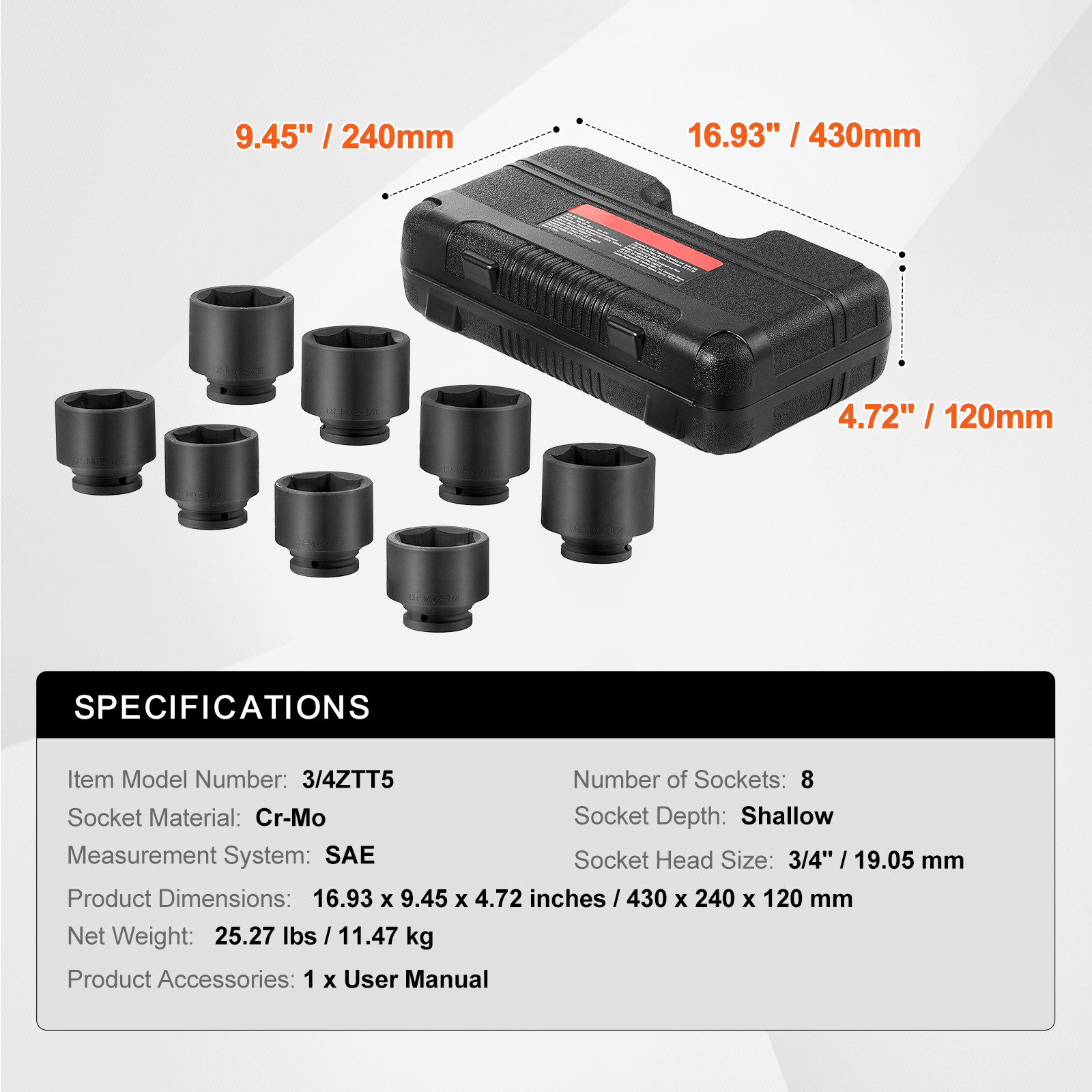 VEVOR Axle Nut Impact Socket Set 3/4″ Drive 6-Point 8PCS SAE Spindle Nut Socket