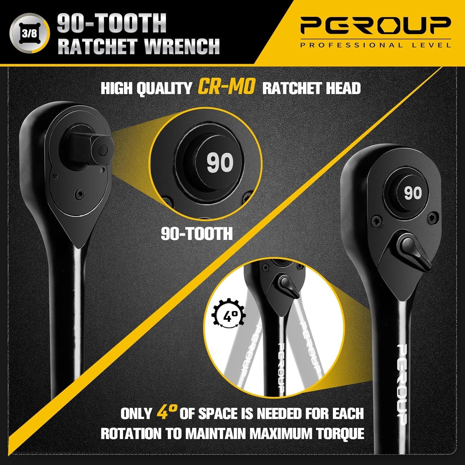 3/8″Drive 90 Tooth 4-Degree Swing Reversible Ratchet with Ergonomic Rubber Hand