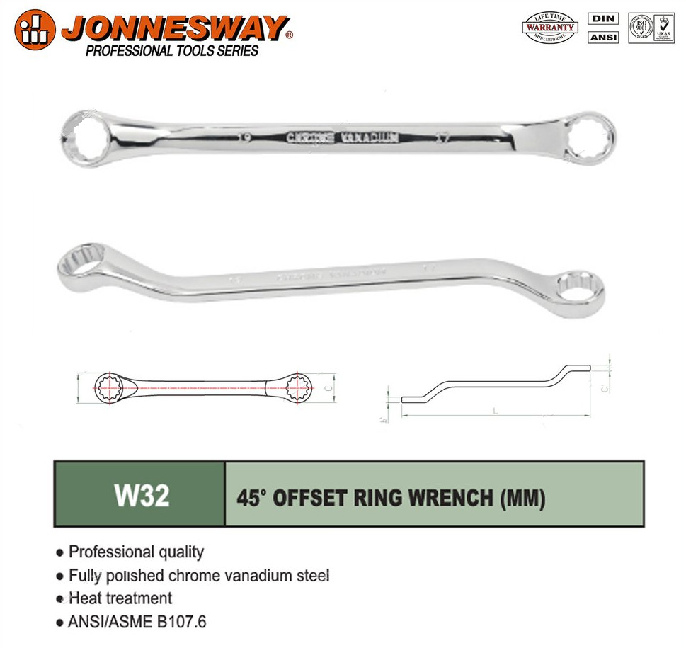 Jonnesway W32206S 6Pc 45º Offset Ring Wrench Set SAE 1/4″ to 1″ ANSI/ASME B107.6