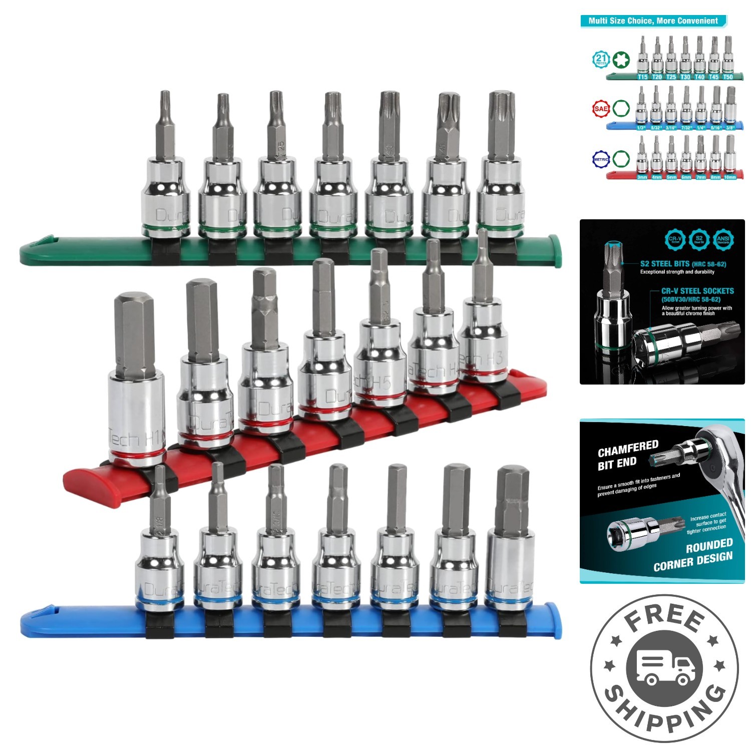 Torx & Hex Socket Set, 21-Piece 3/8» Drive – Durable CR-V and S2 Bits