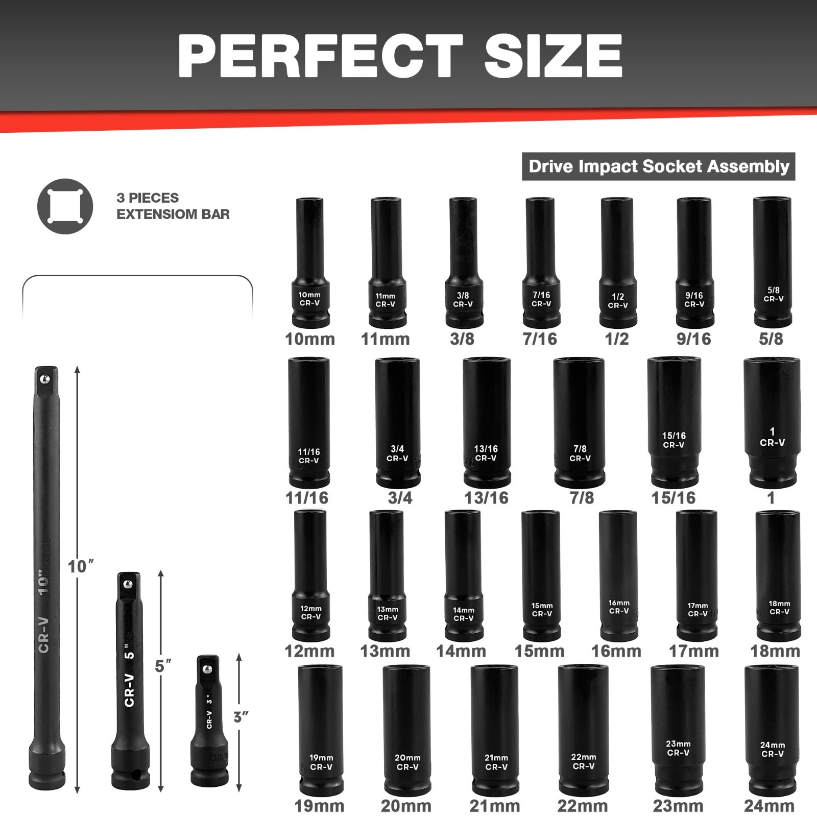 29pcs 1/2″ Deep Impact Socket Set with Extensions, SAE & Metric, Cr-V Steel Tool