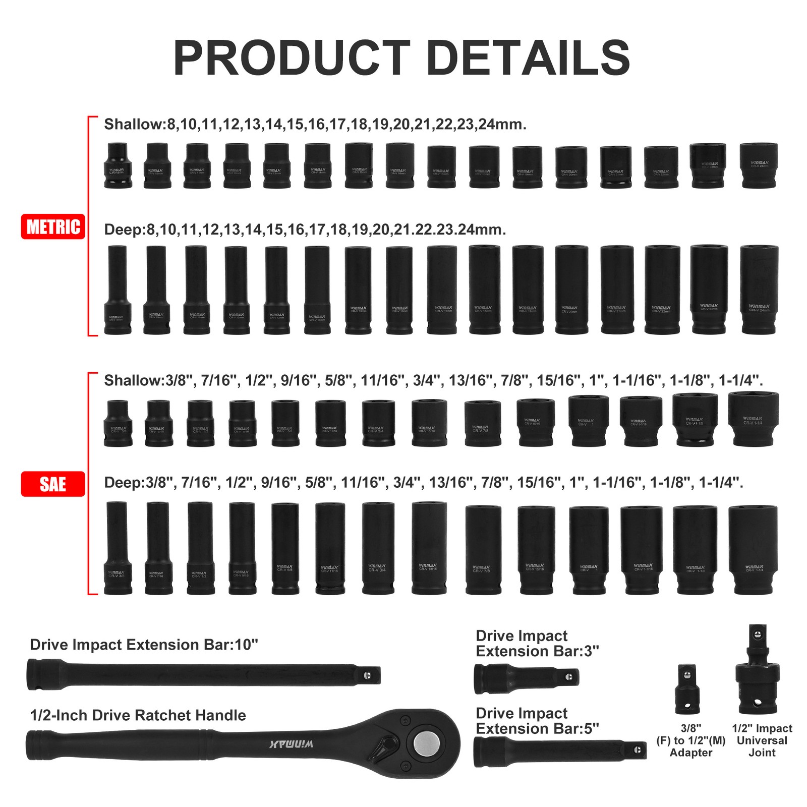 66PC 1/2″ Drive Impact Socket Set Deep & Standard SAE Metric 3/8-1-1/4″ 8-24mm