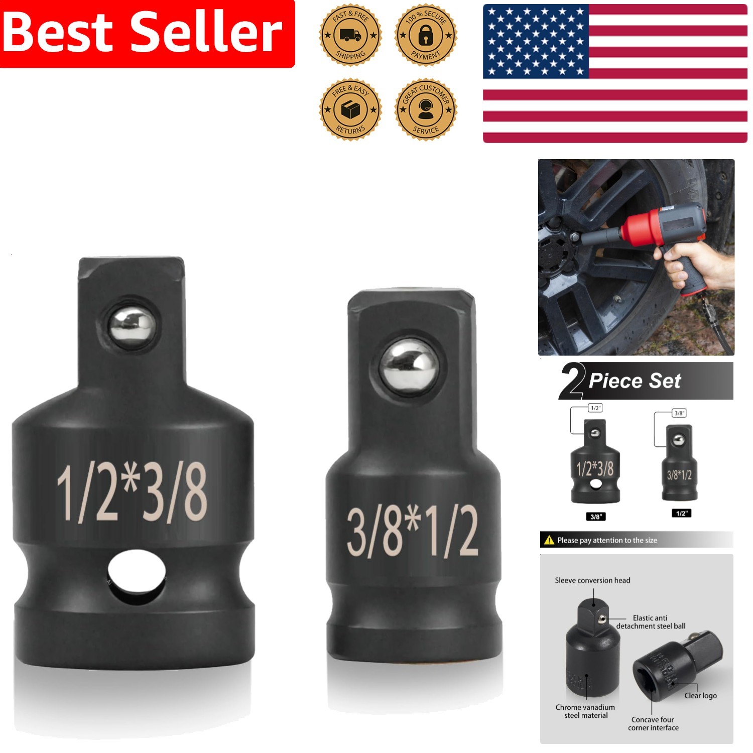 Impact Socket Adapter Set 2pc Breaker Bar Wrench Conversion 1/2 3/8 Drive