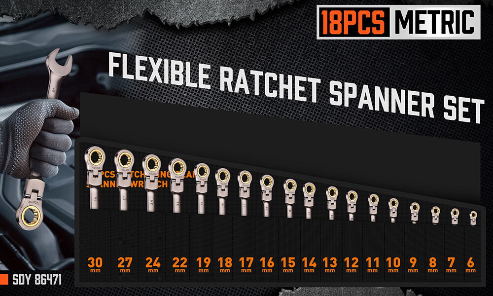 18PCS Flexible Ratchet Wrench Set Metric 6-30mm 72-Tooth Nickle Plated Portable