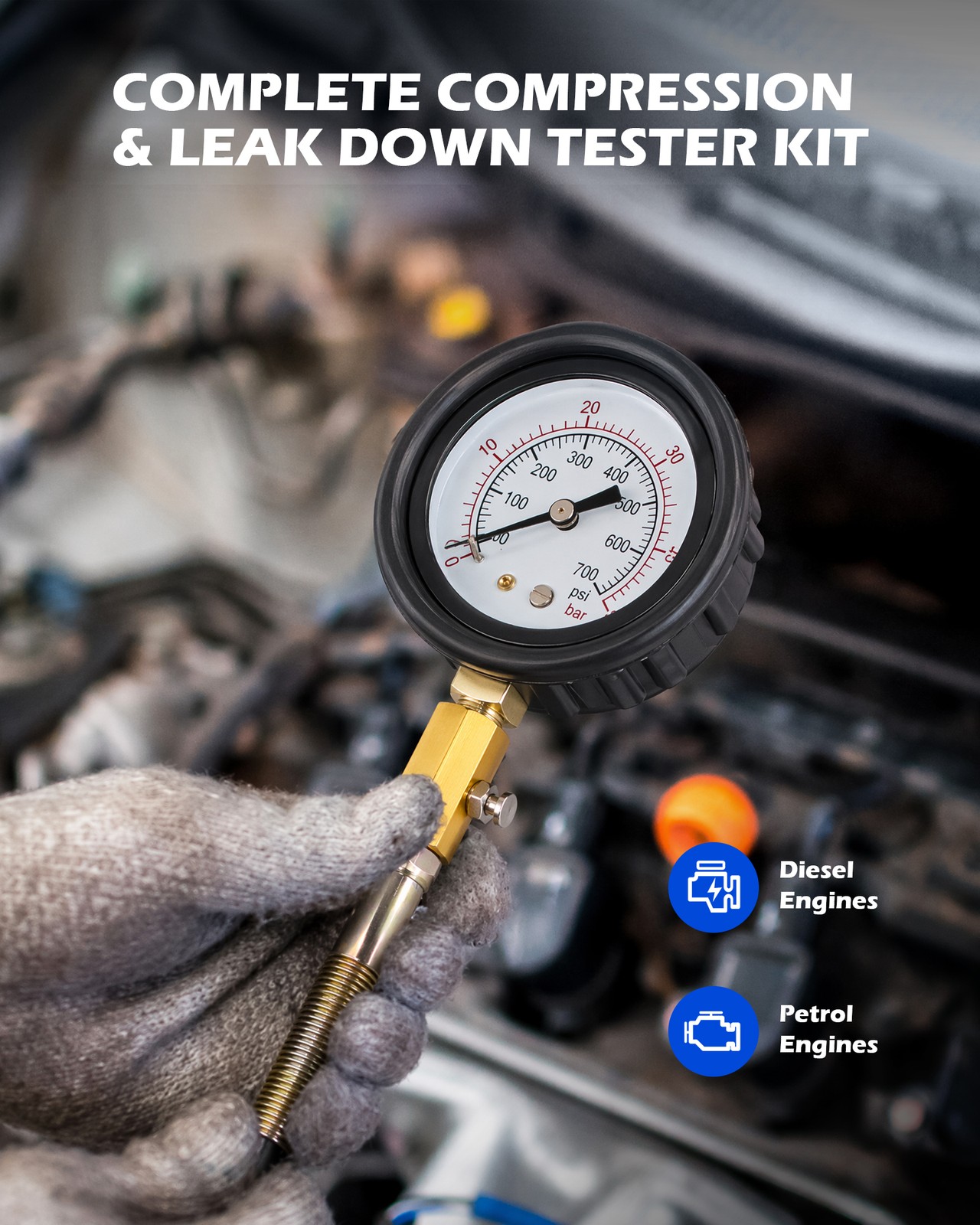 51-Piece Engine Compression Testers, Petrol & Diesel Cylinder Leak down Tester