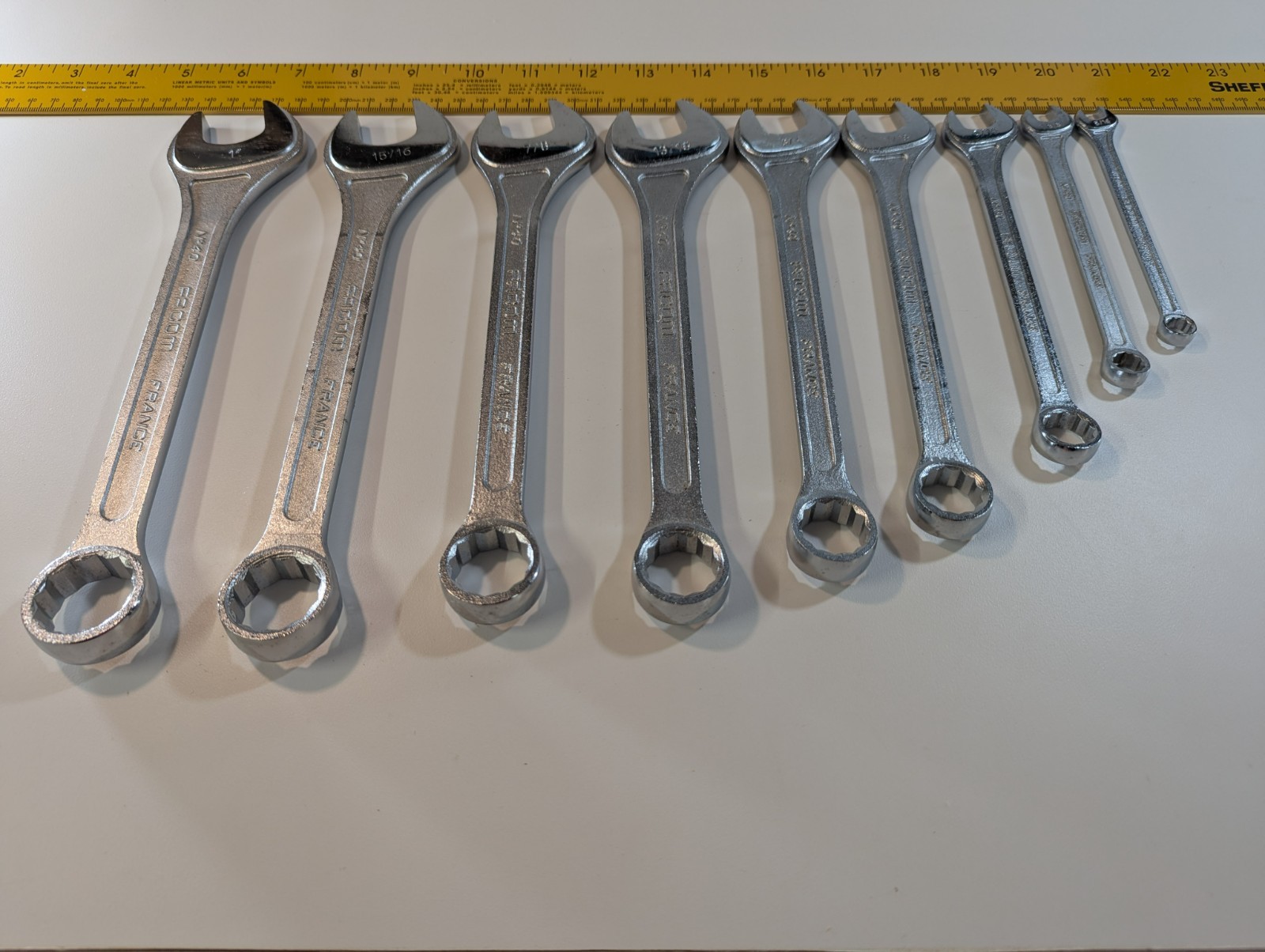 9 Facom France SAE Comb Wrenches 1″15/16″ 7/8″ 13/16″3/4″ 11/16″ 9/16″ 3/8″5/16″