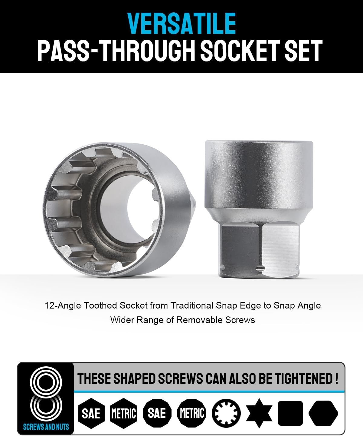 Pass Through Socket Set Go Thru Ratchet Wrench Tool for Hex Square E-Torx Spline