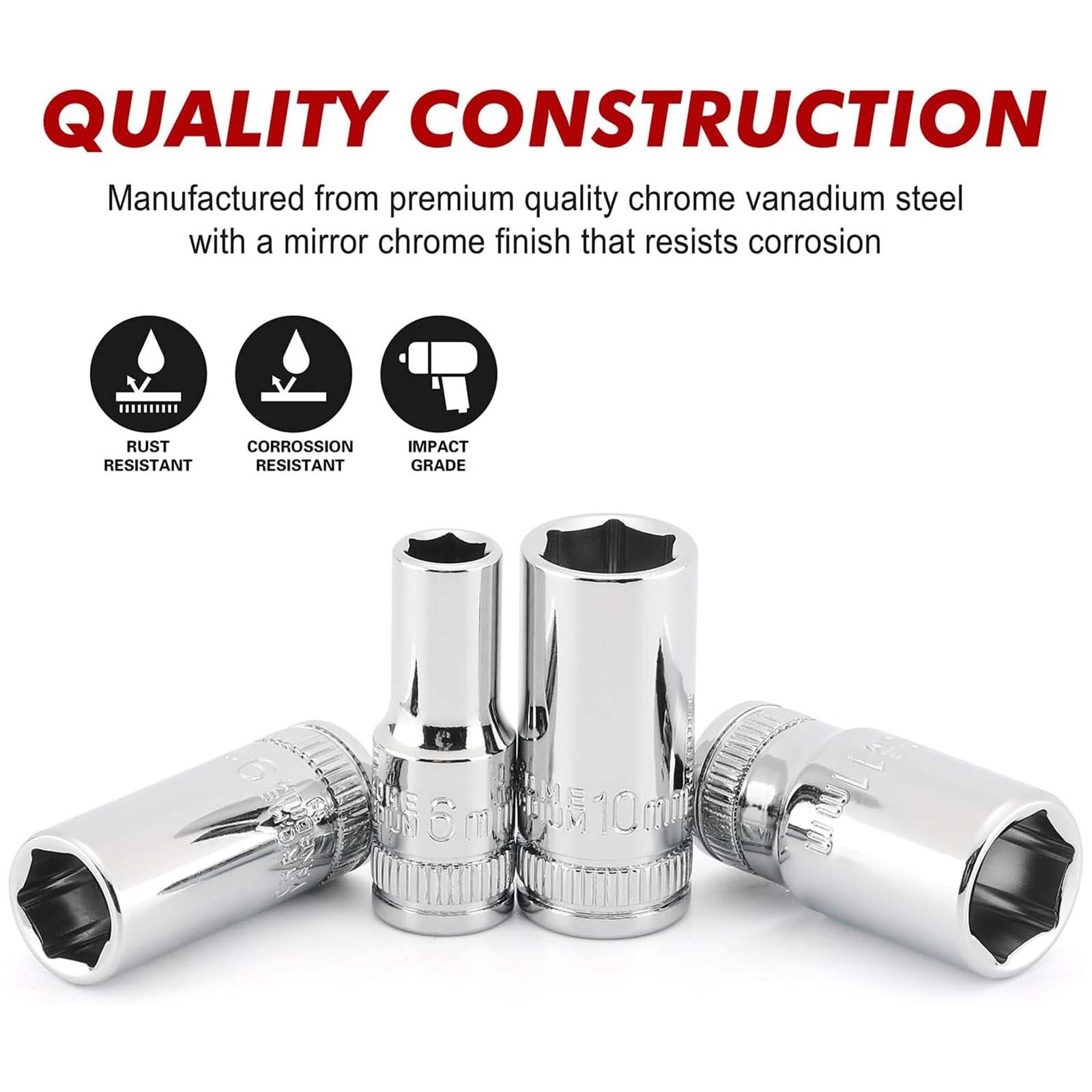 13PCS 1/4″Drive Mid-Length Socket Set, 6-Point Mirror Chrome Metric 4mm to 15mm