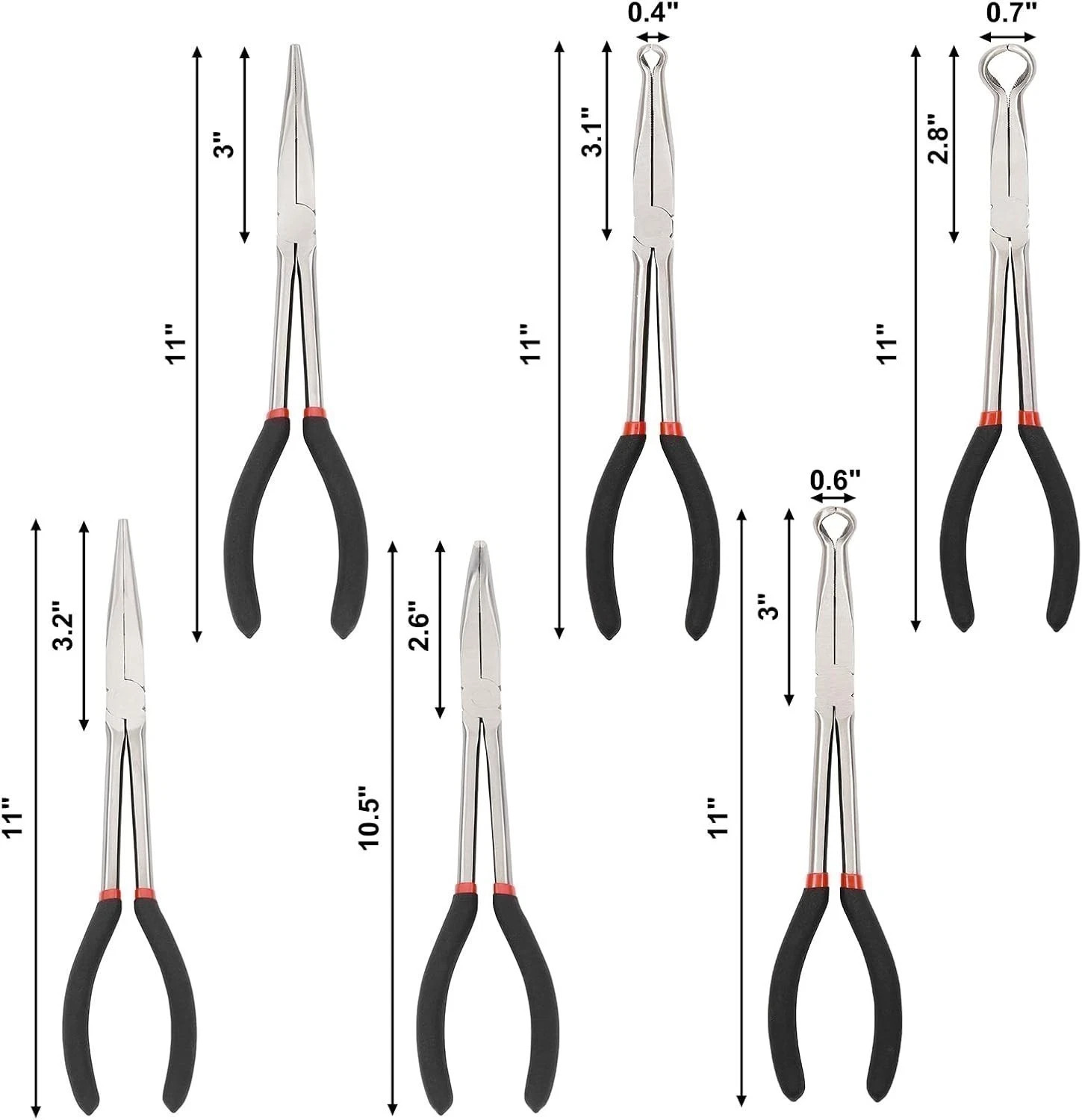 6Pack 11 Inch Long Reach Needle Nose Pliers Set Precision Long Nose Pliers Kit