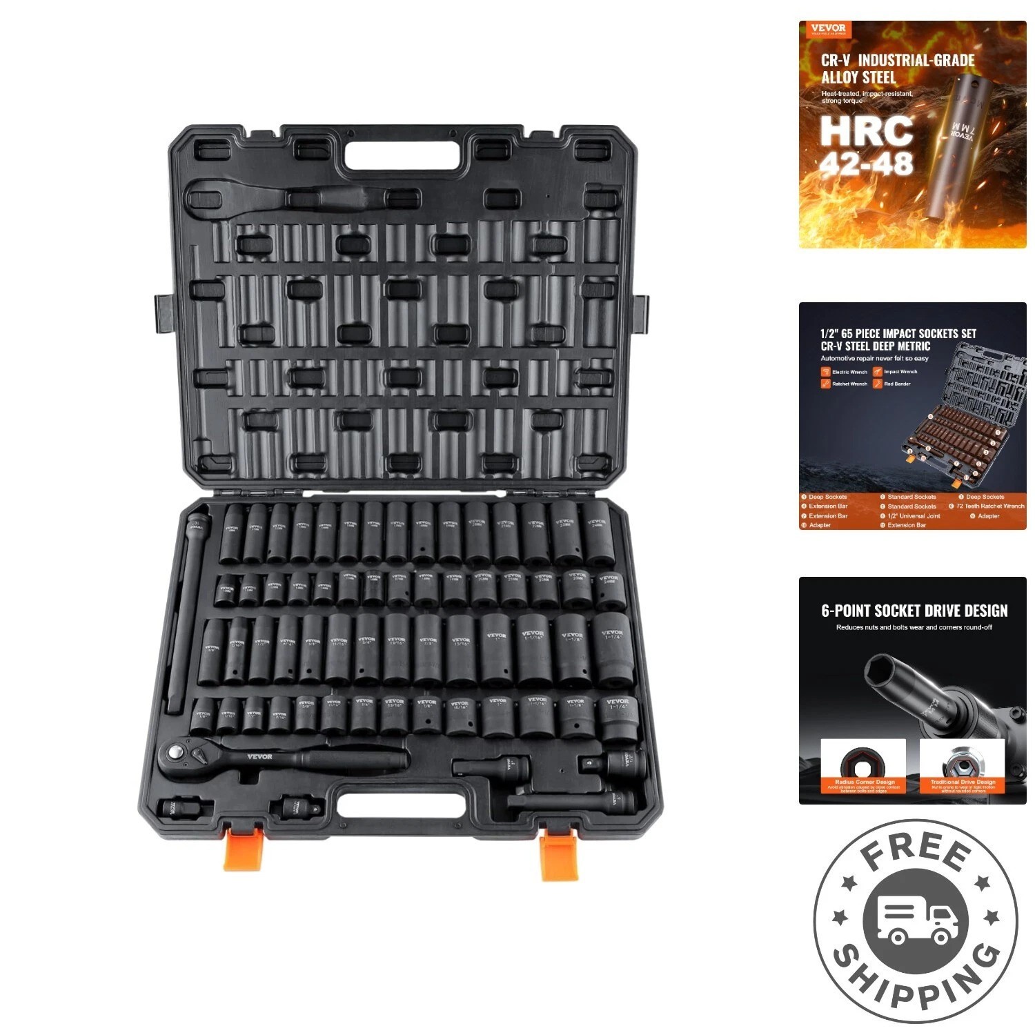 Professional 65-Piece Impact Socket Set in Durable Toolbox – SAE & Metric Range