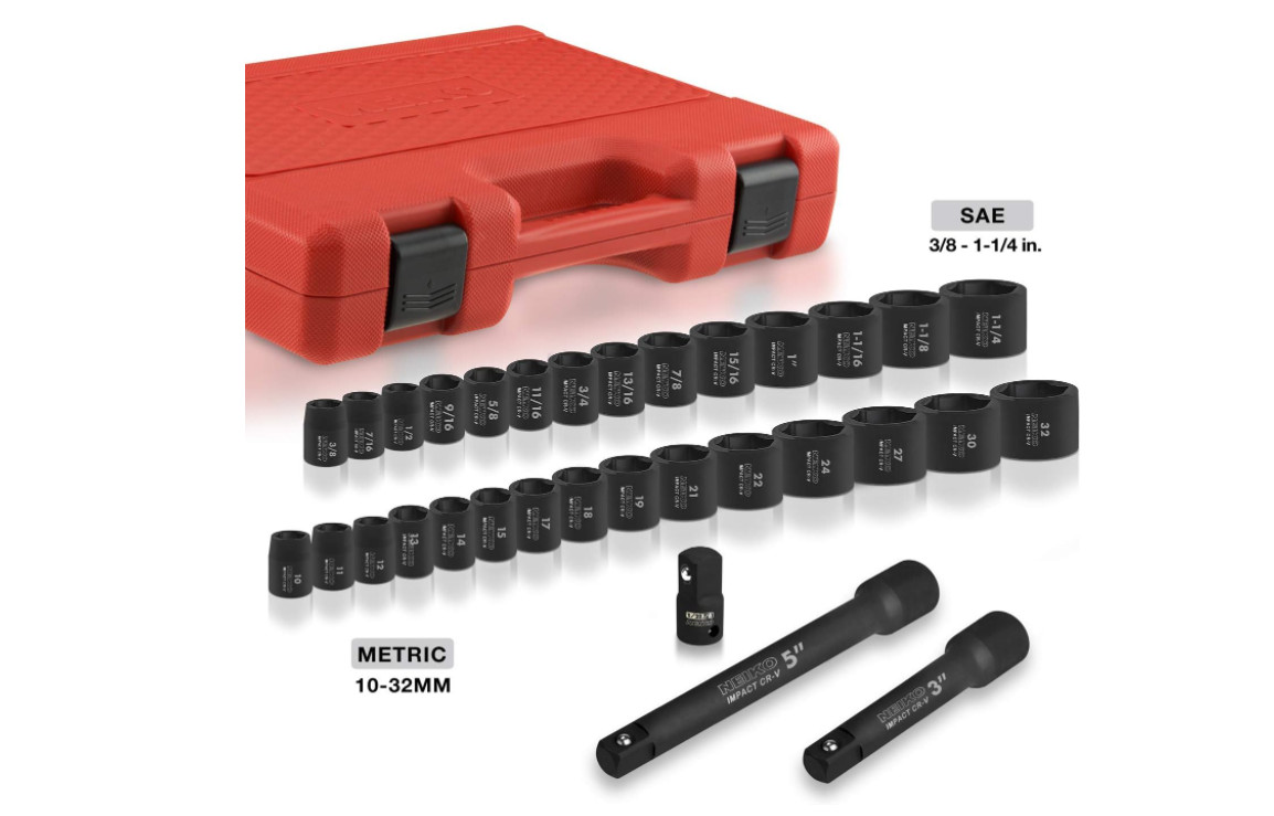 Neiko 1/2″ Drive Master Impact Socket Set, SAE (3/8″-1 1/4″) & Metric (10-32mm)