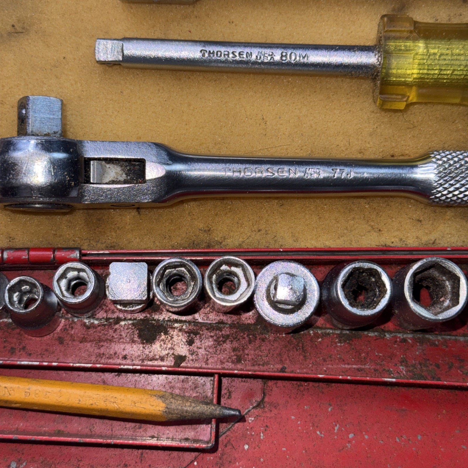 Vintage Thorsen #77 J – 3/8″ Drive Socket Ratchet Wrench Set – USA 17 Pcs + Case