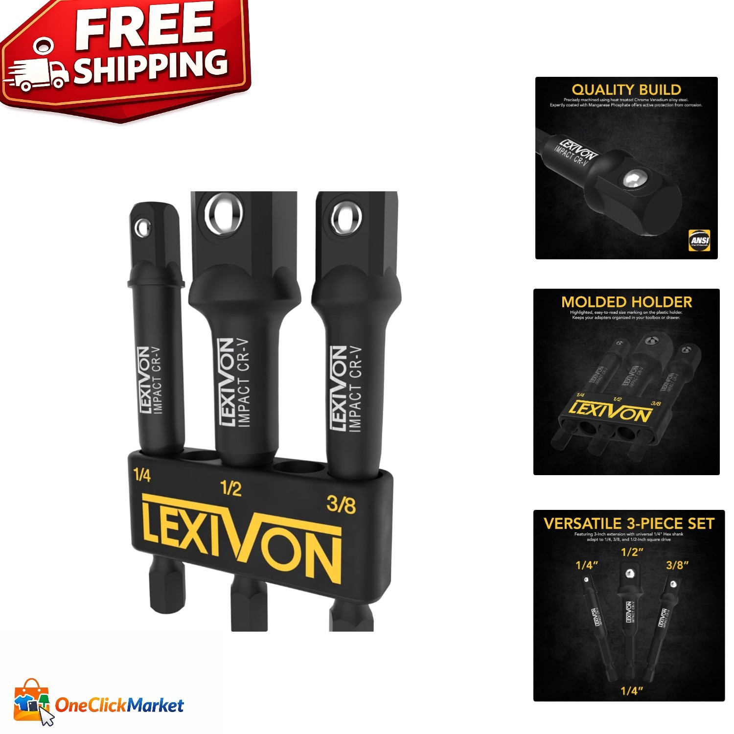 All-in-One 3-Piece Impact Socket Adapter Set with Hex Shank for Power Tools