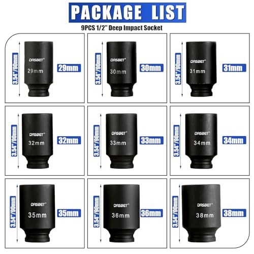 9PCS 1/2″ Drive Deep Impact Socket Set | 6 Point Metric 29-38mm Hub Nut Sockets