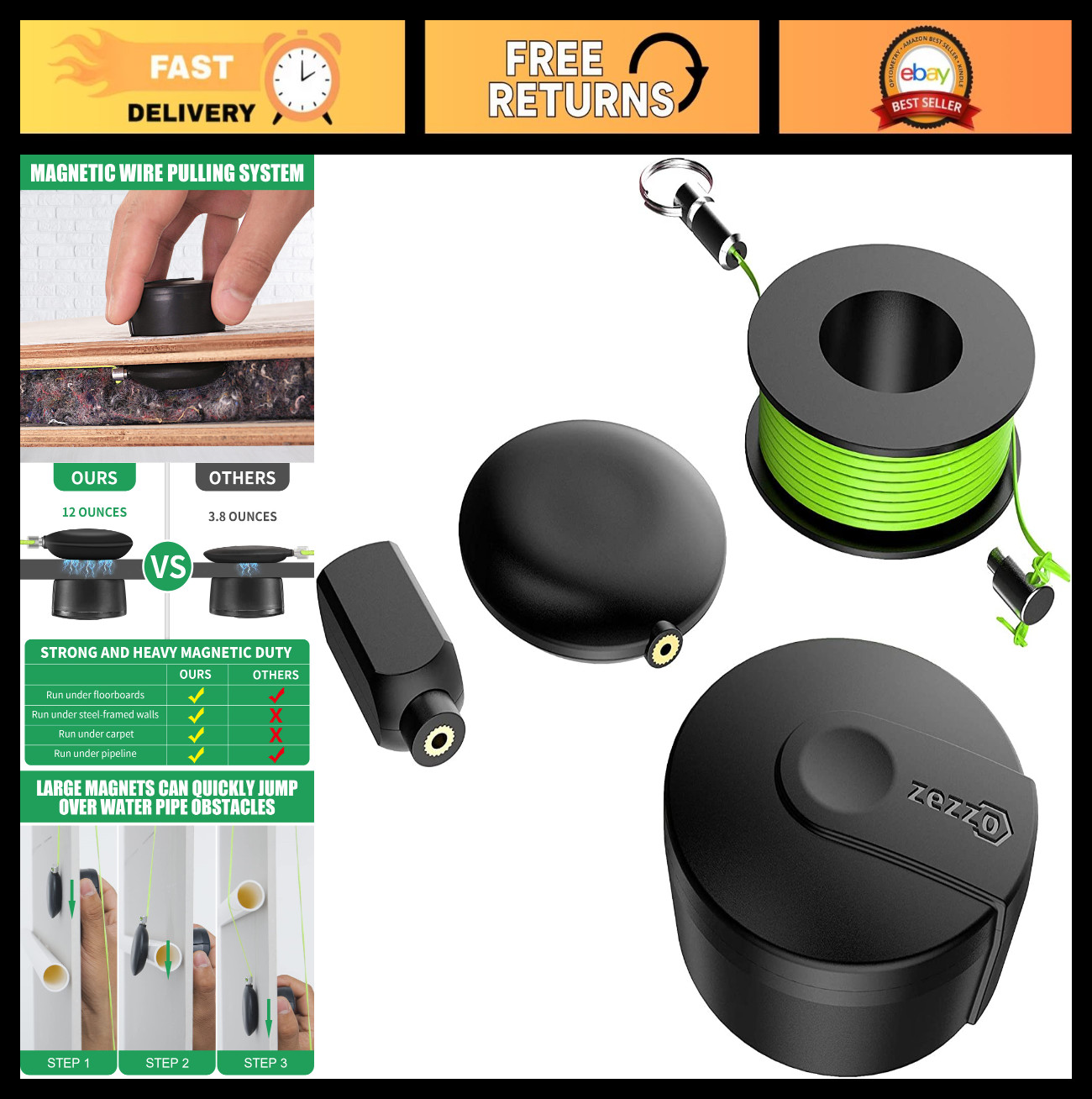 Magnetic Wire Puller Tool – Fish Tape Wire Pulling System for Electrical Cables