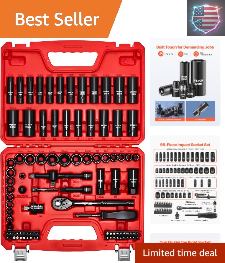 96 Piece 3/8″ Drive Impact Socket Wrench and Bit Set, SAE 5/16″ to 3/4″ & Met…