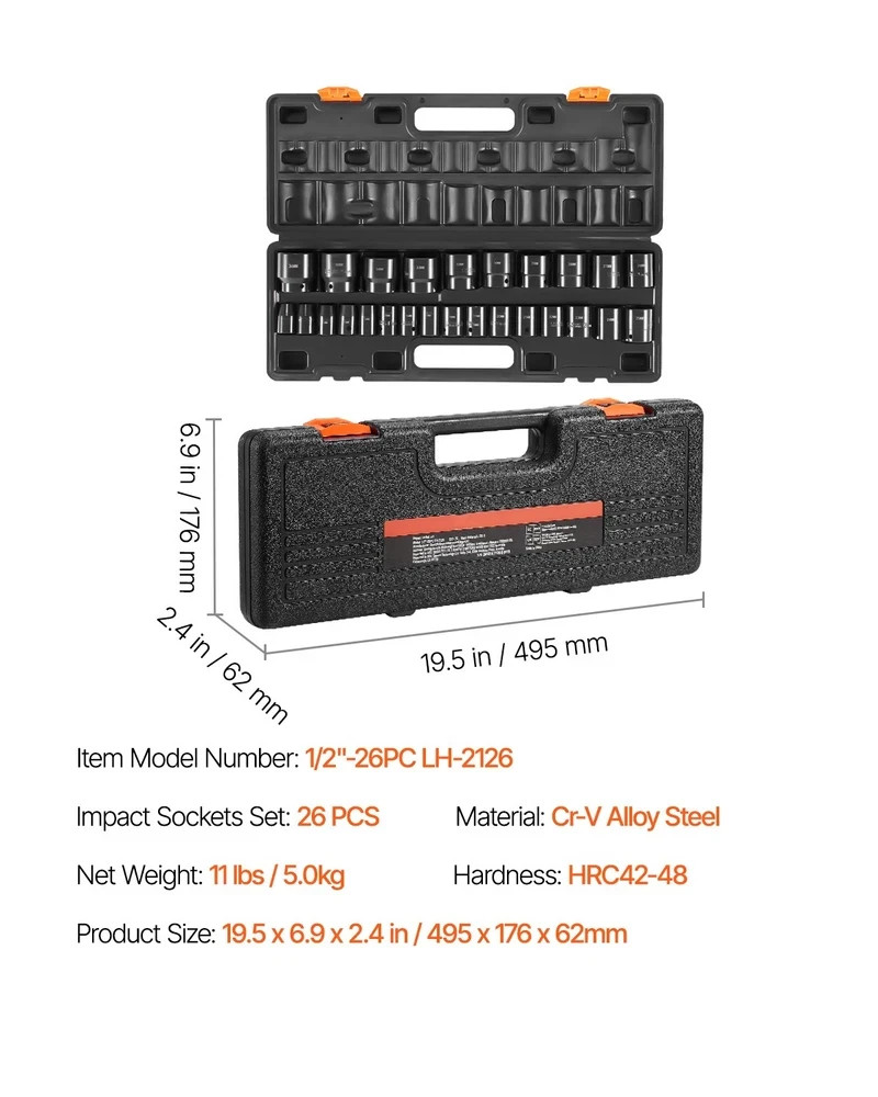 Impact Sockets Set 1/2 Inch Drive 26PCS Standard Impact Set 6-Point 10-36mm