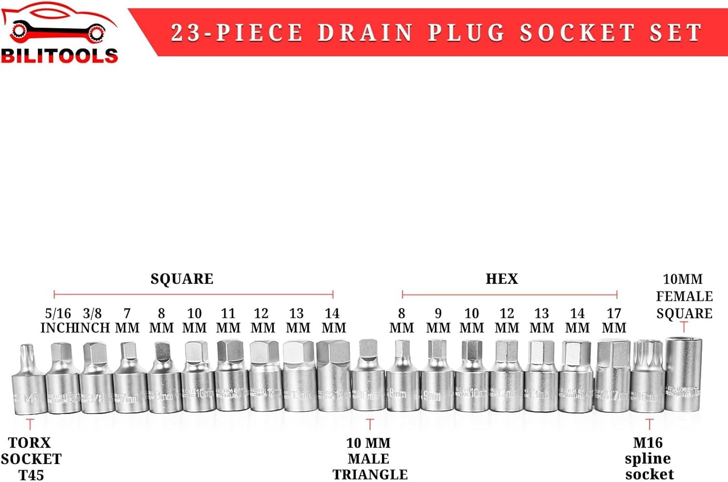 23-Piece Drain Plug Socket Set – 3/8″ Drive for Engine & Gearbox Maintenance