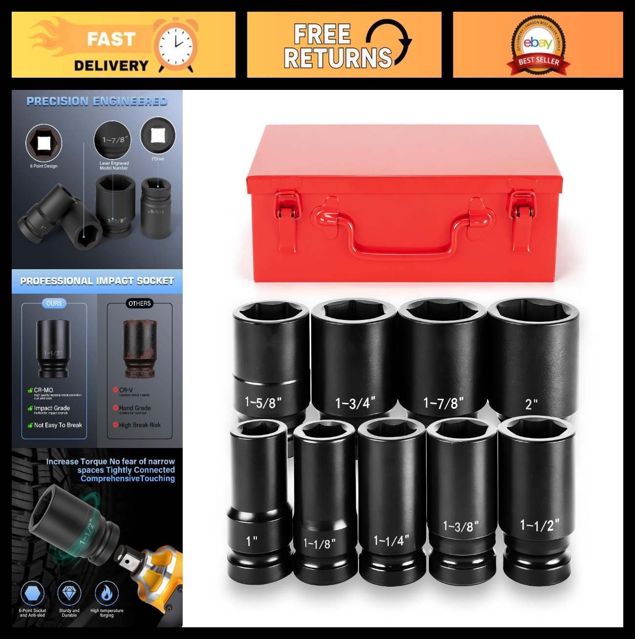 9Pc SAE Jumbo Impact Socket Set 1″ Drive, 6-Point CR-MO, Adapter & Red Case