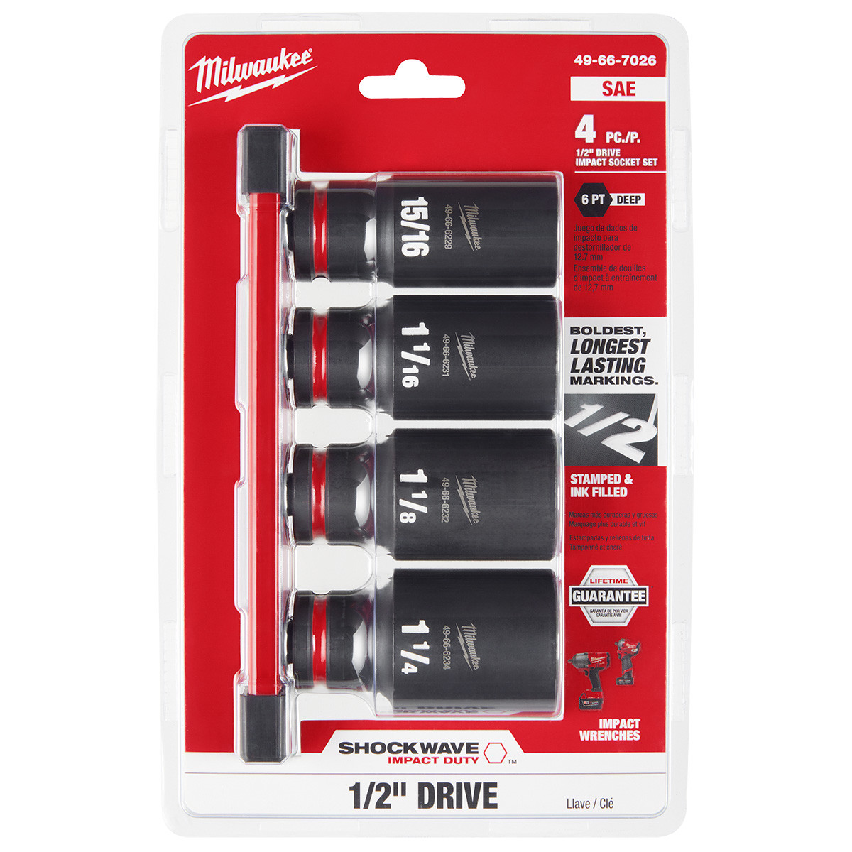 Milwaukee Tool 4Piece SHOCKWAVE Impact Duty 1/2 Inch Drive SAE Deep 6 Point Soc