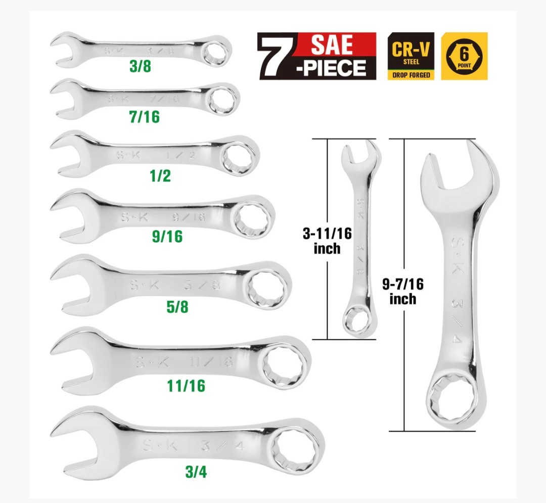SK 7 Piece 12 Point SAE SHORT Wrench Set SK Professional Tools LIFETIME WARRANTY